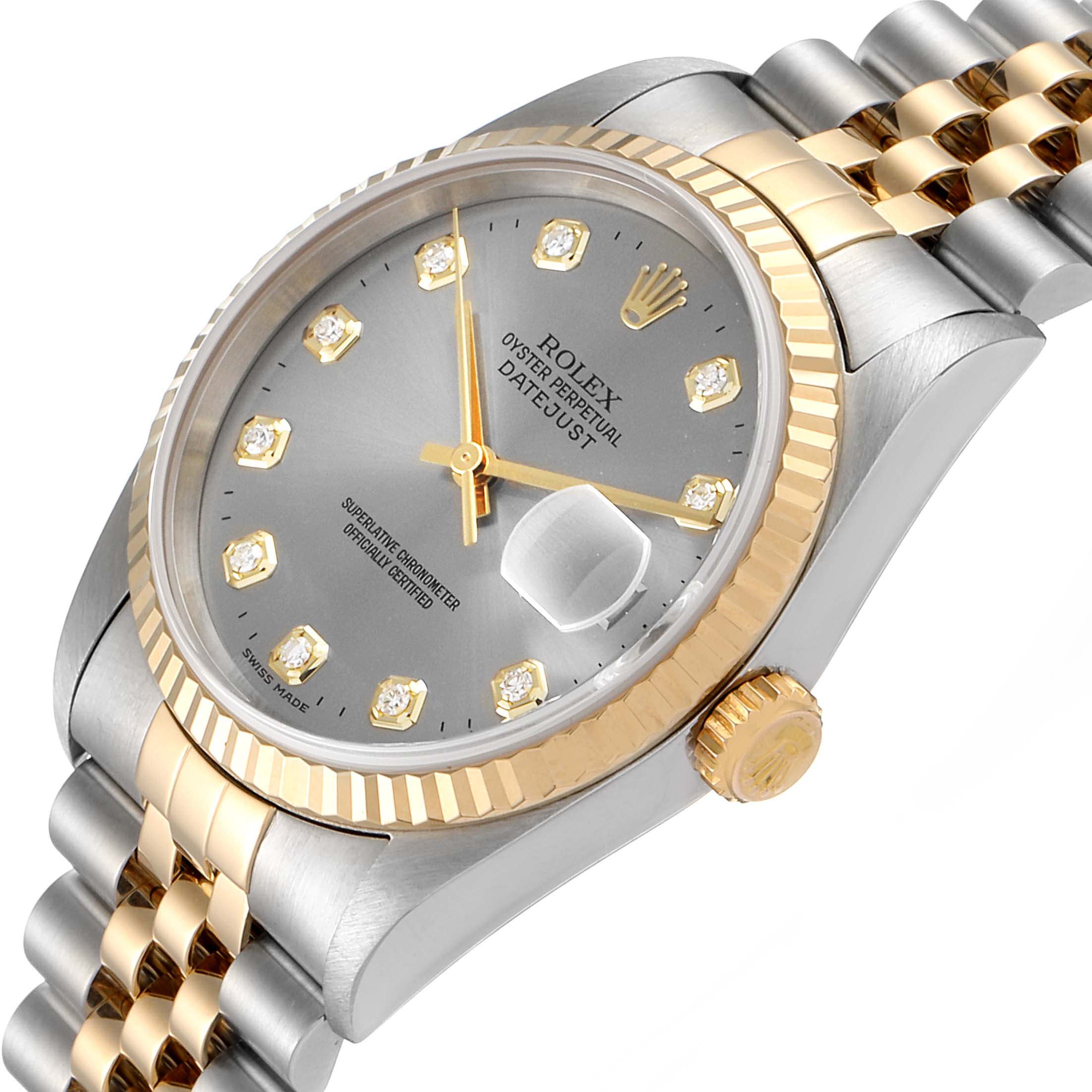 The Rolex Datejust 16233 Men
s Steel and Gold (two tone) Grey Dial 16233 Men
s Steel and Gold (two tone) Grey Dial model watch is shown at a slightly tilted angle, displaying its face, bezel, crown, and part of the bracelet.