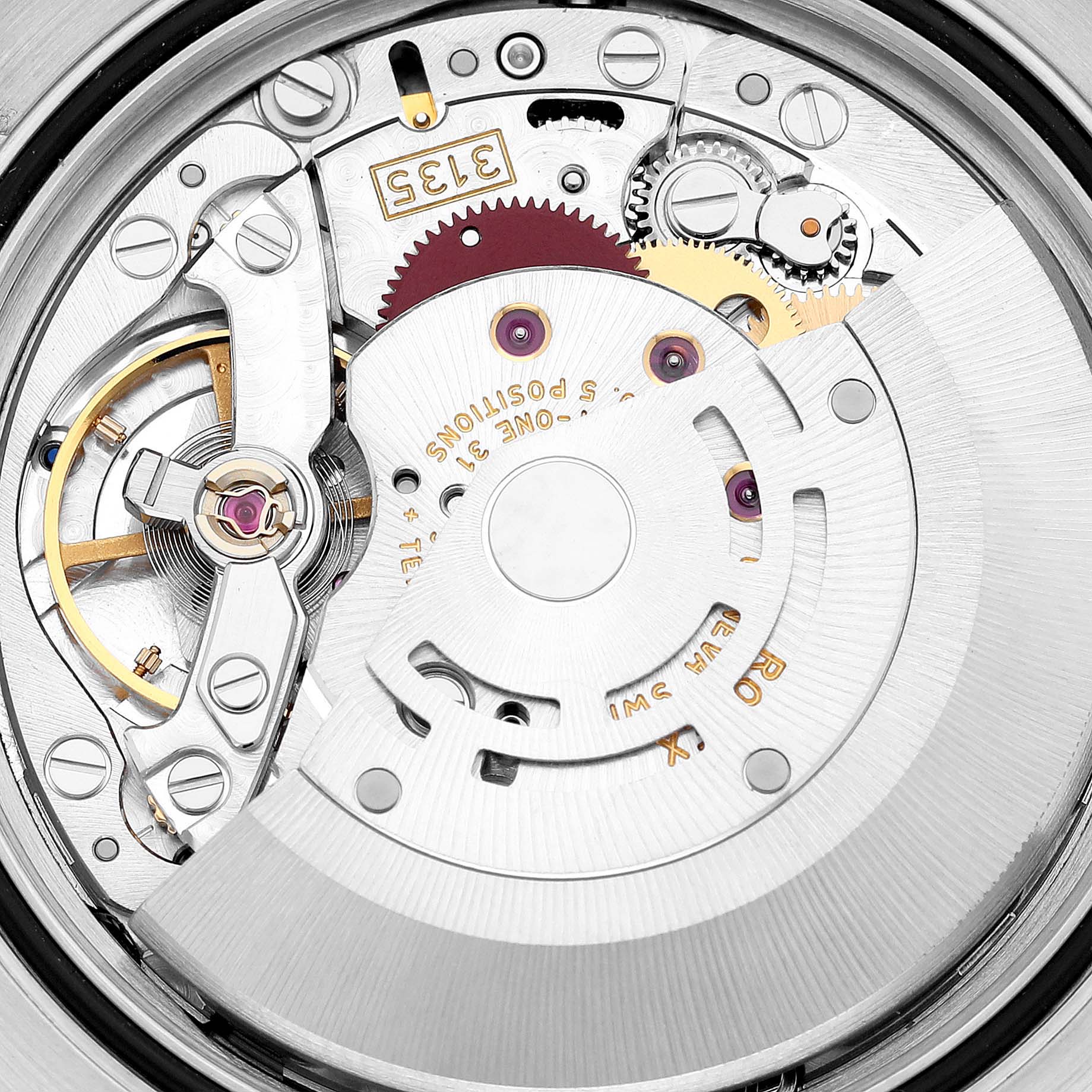 This image shows the intricate internal movement mechanism of a Rolex Turn-o-Graph 116264 Men
s Stainless Steel Black Dial 116264 Men
s Stainless Steel Black Dial watch from a close-up angle.