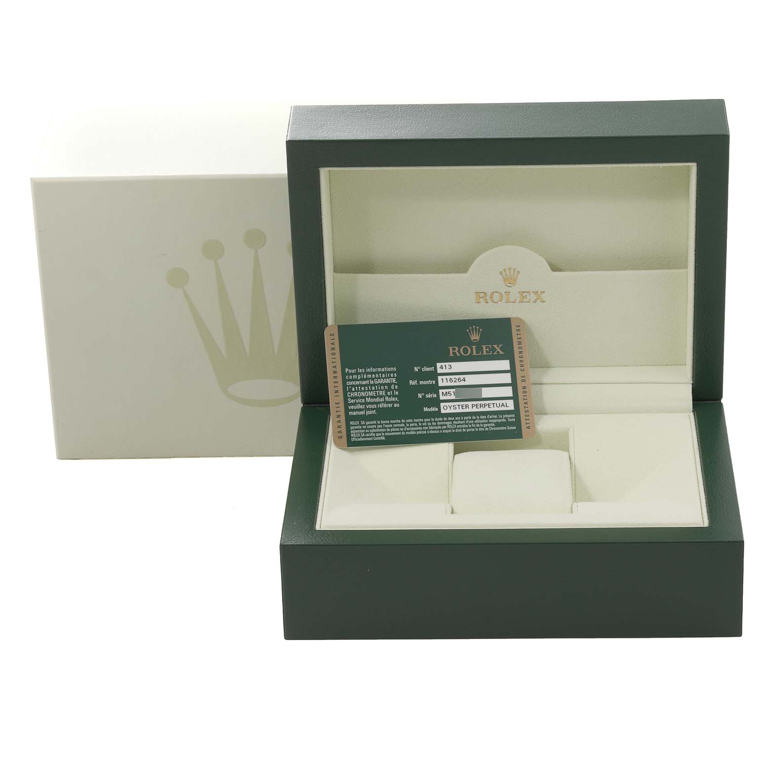 The image shows the open box and certification card for a Turn-o-Graph model by Rolex.