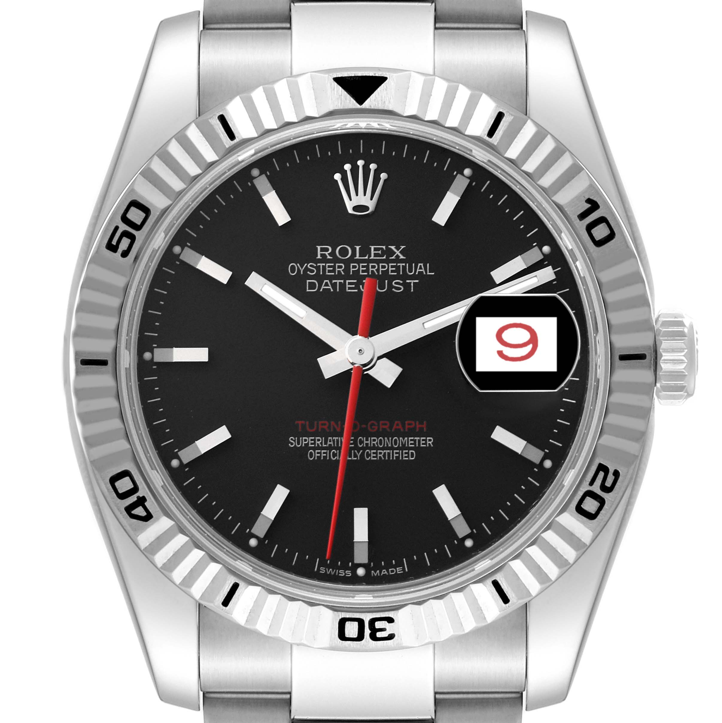 The image shows a close-up view of the Rolex Turn-o-Graph 116264 Men
s Stainless Steel Black Dial 116264 Men
s Stainless Steel Black Dial watch
s face and bezel.