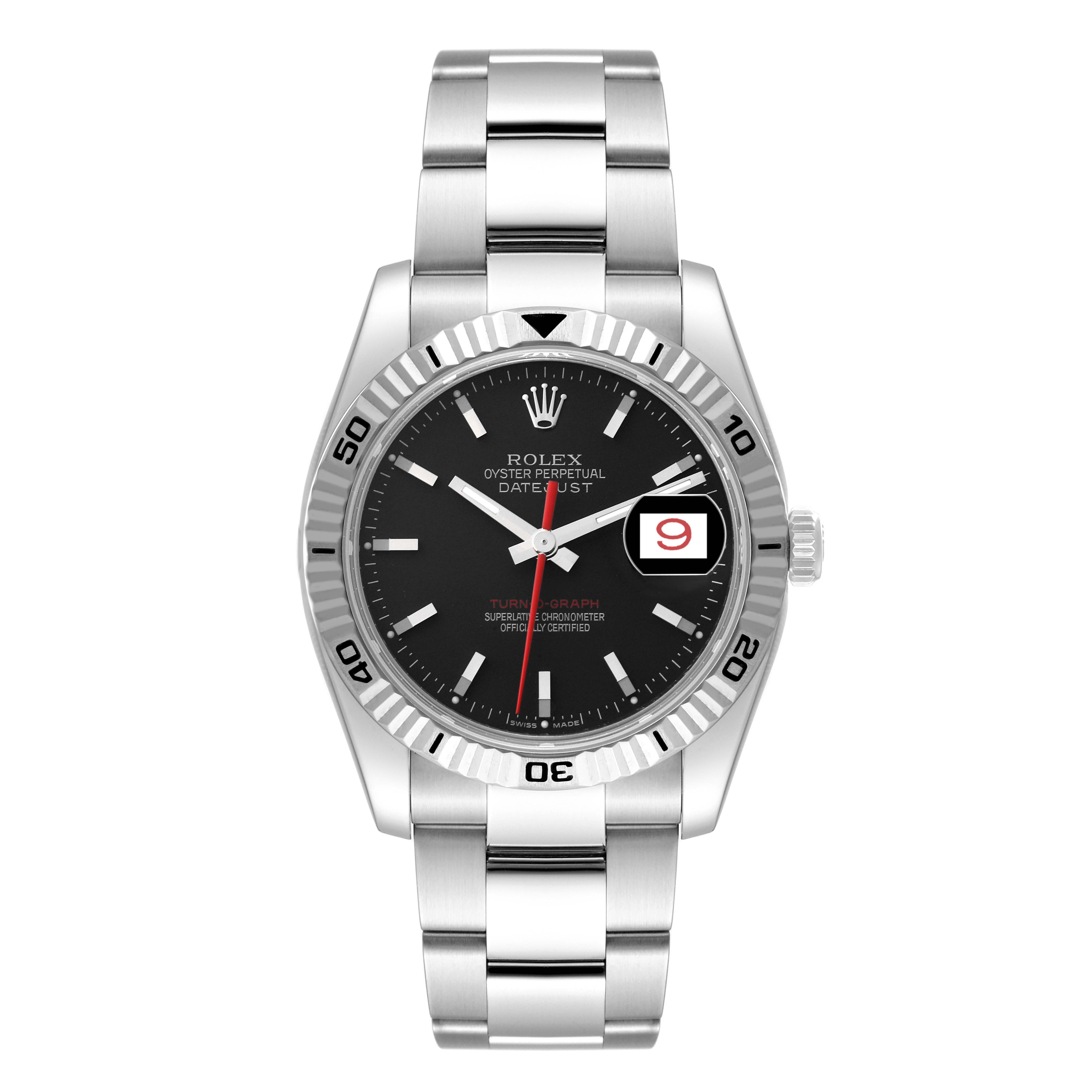 The image shows a front view of a Rolex Turn-o-Graph 116264 Men
s Stainless Steel Black Dial 116264 Men
s Stainless Steel Black Dial watch displaying its black dial, fluted bezel, and metal bracelet.