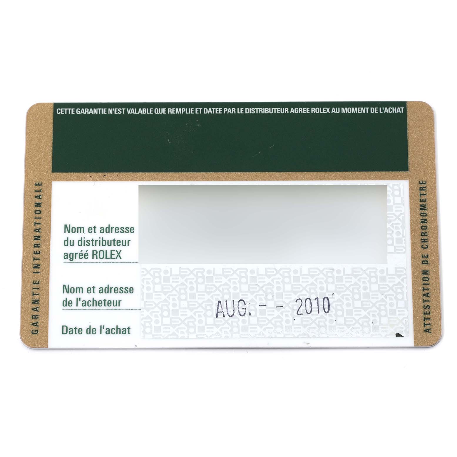 The image shows an international guarantee card for a Rolex Turn-o-Graph 116264 Men
s Stainless Steel Black Dial 116264 Men
s Stainless Steel Black Dial, displaying fields for distributor and buyer information and purchase date.