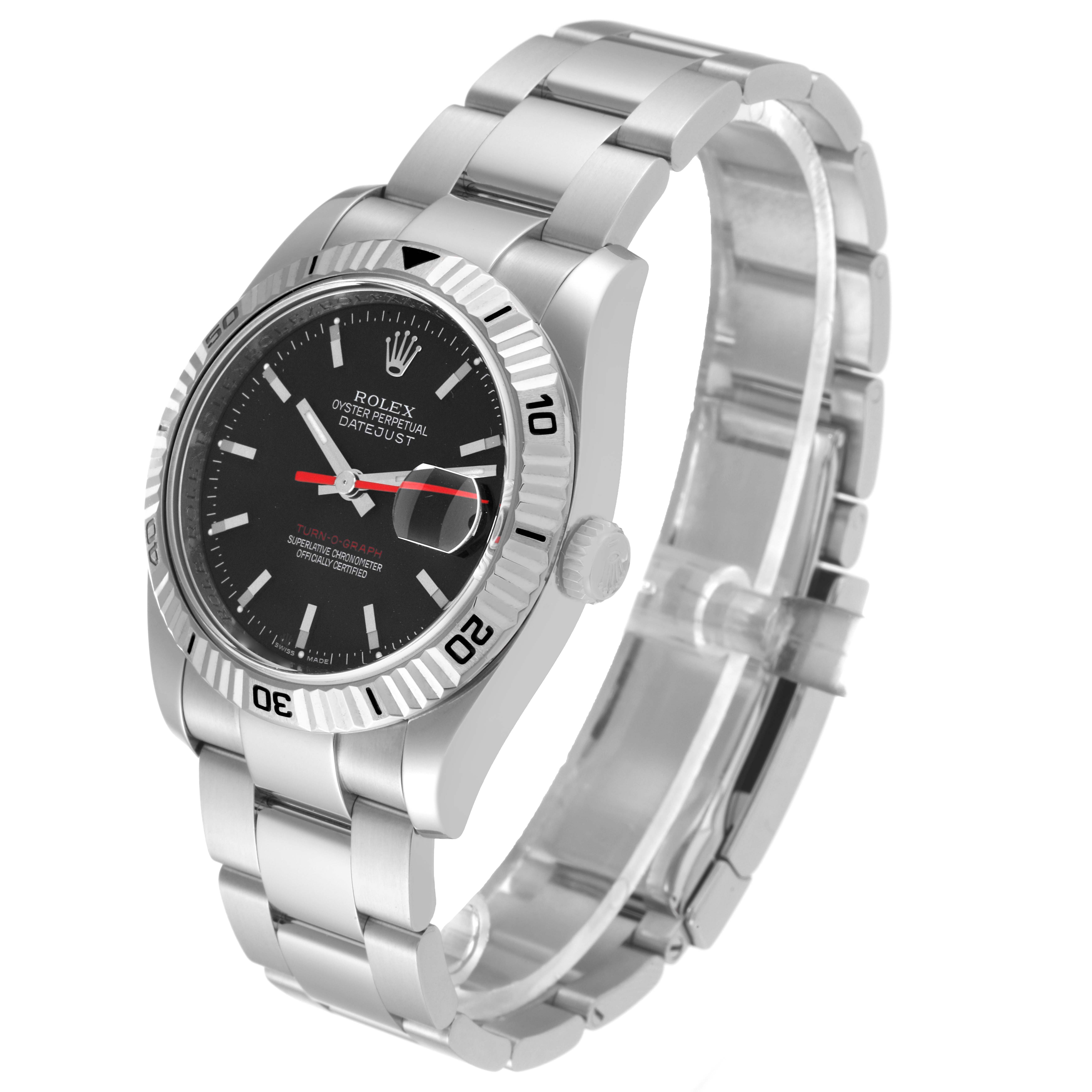 The image shows a Rolex Turn-o-Graph 116264 Men
s Stainless Steel Black Dial 116264 Men
s Stainless Steel Black Dial watch at a three-quarter angle, displaying its face, bezel, and bracelet.