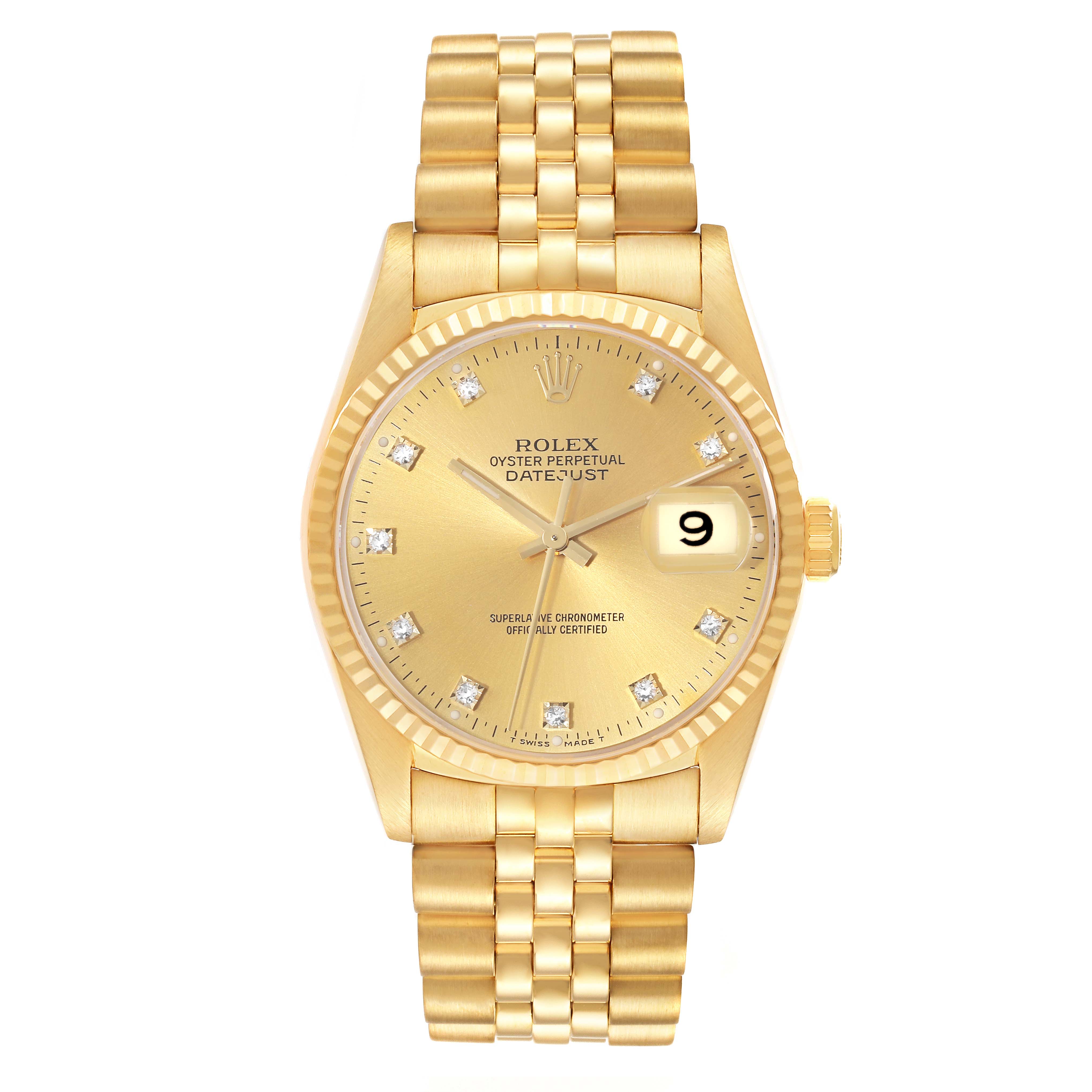The image shows a frontal view of the Rolex President 16238 Men
s Yellow Gold Champagne Dial 16238 Men
s Yellow Gold Champagne Dial model watch, displaying the dial, bezel, crown, and bracelet.