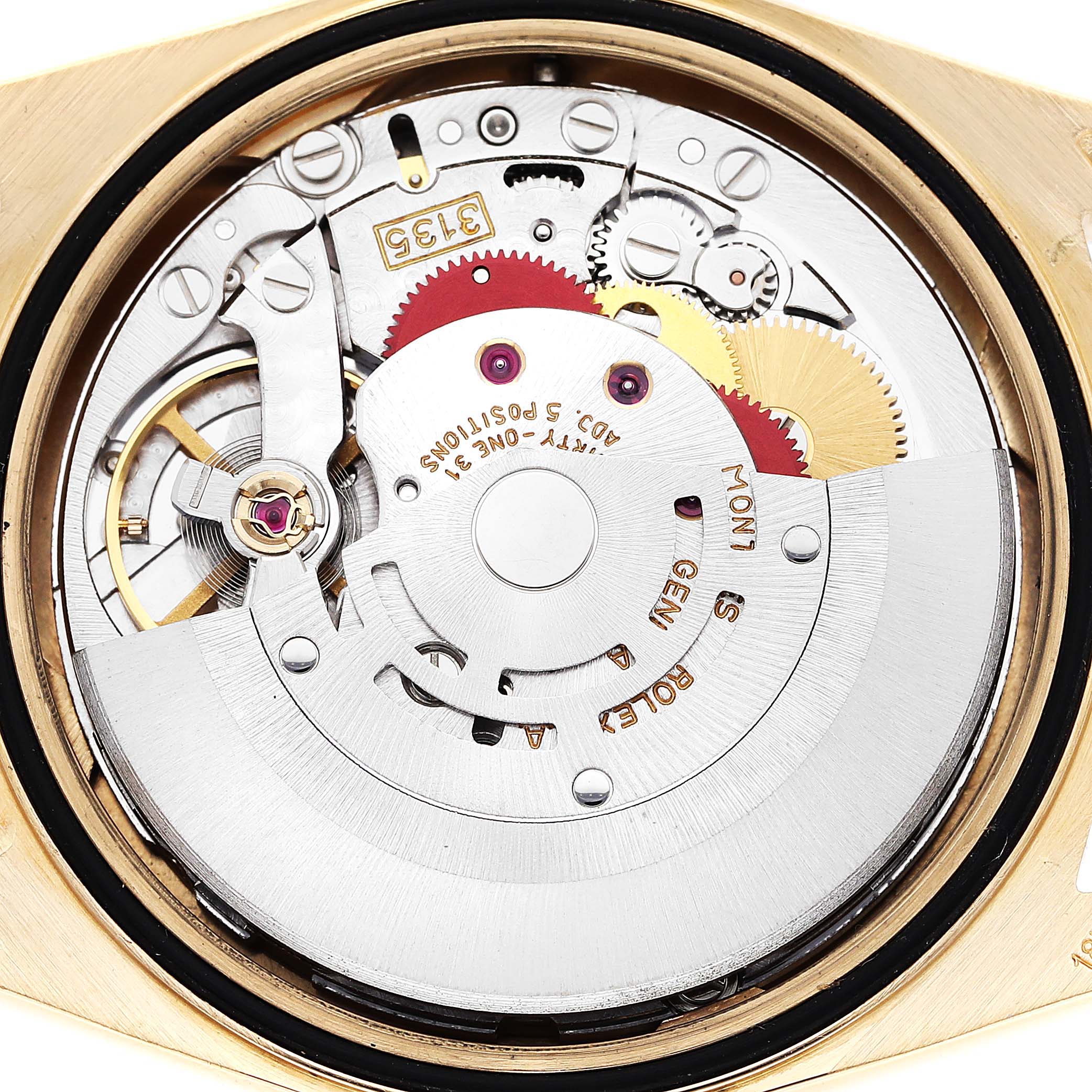 This is a close-up view of the movement and internal mechanism of a Rolex President 16238 Men
s Yellow Gold Champagne Dial 16238 Men
s Yellow Gold Champagne Dial watch.