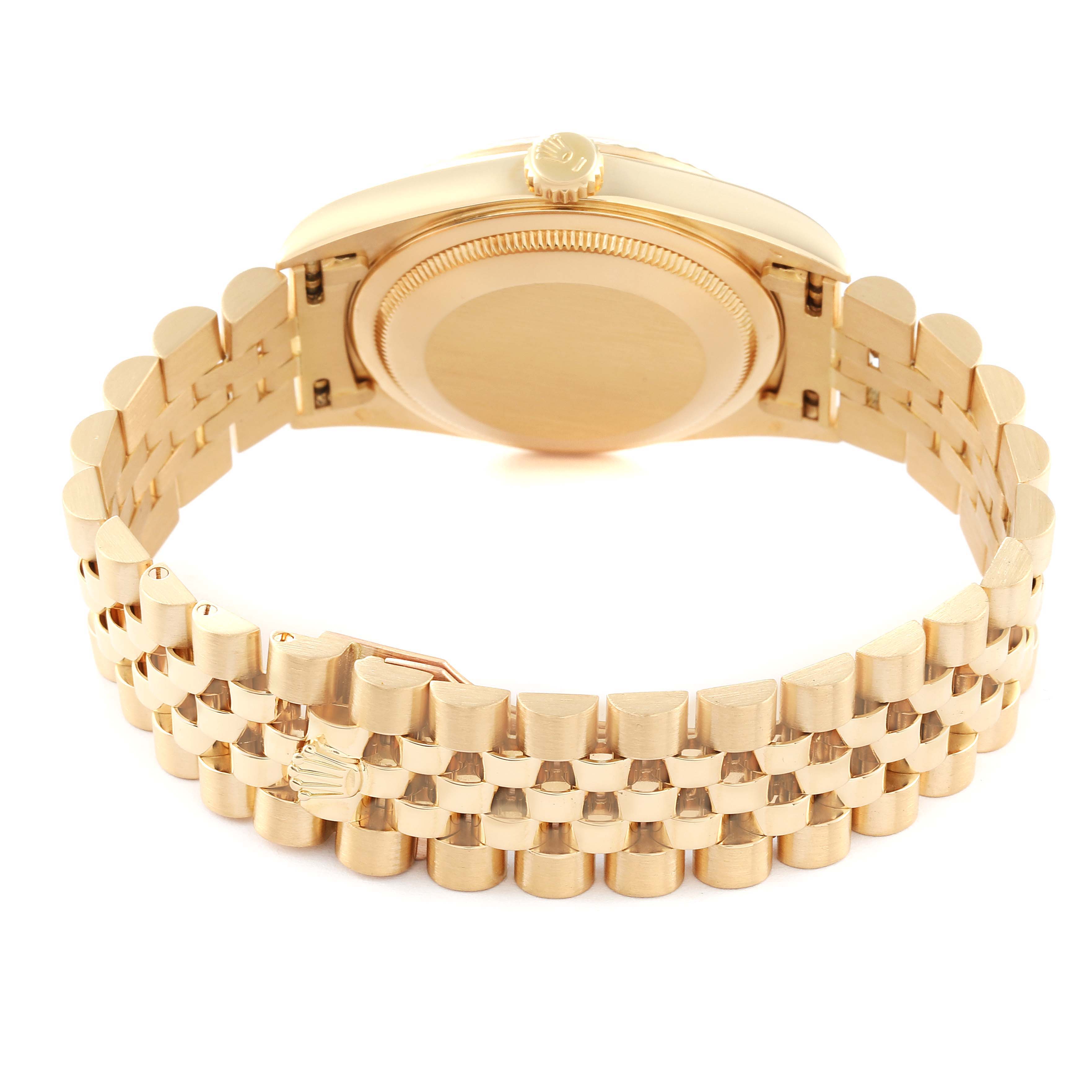 This image shows the back view of a Rolex President 16238 Men
s Yellow Gold Champagne Dial 16238 Men
s Yellow Gold Champagne Dial model watch, displaying its band and case back.