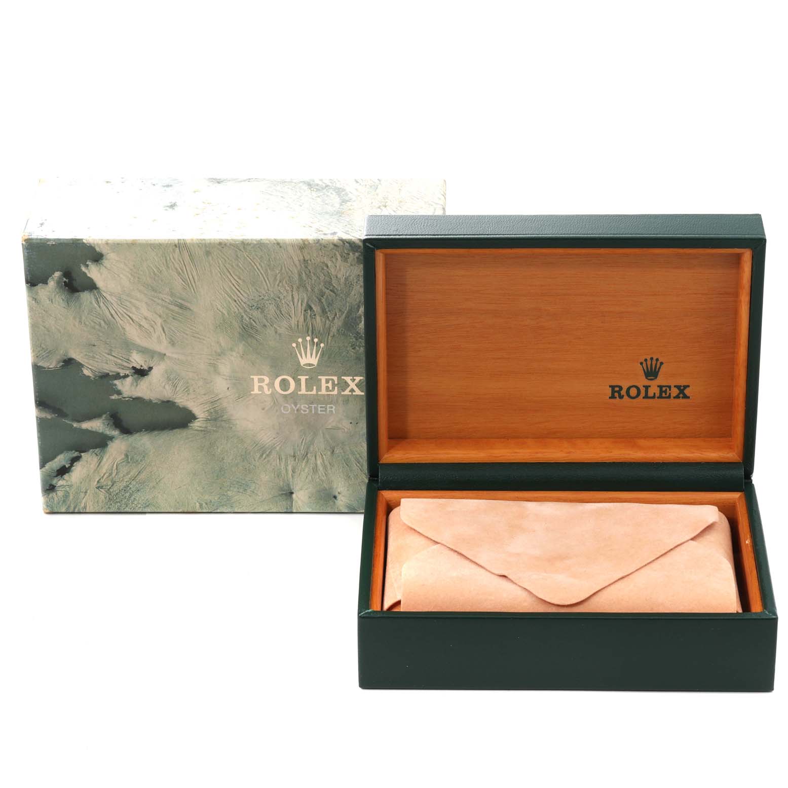 This image shows the Rolex President 16238 Men
s Yellow Gold Champagne Dial 16238 Men
s Yellow Gold Champagne Dial watch box, partially open, with the outer packaging in the background.