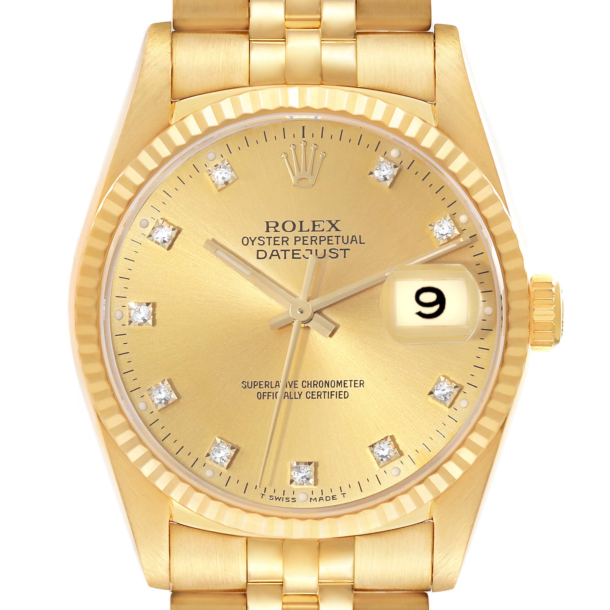 This image shows a front view of the Rolex President 16238 Men
s Yellow Gold Champagne Dial 16238 Men
s Yellow Gold Champagne Dial Datejust watch, highlighting its dial, bezel, hands, date window, and bracelet.