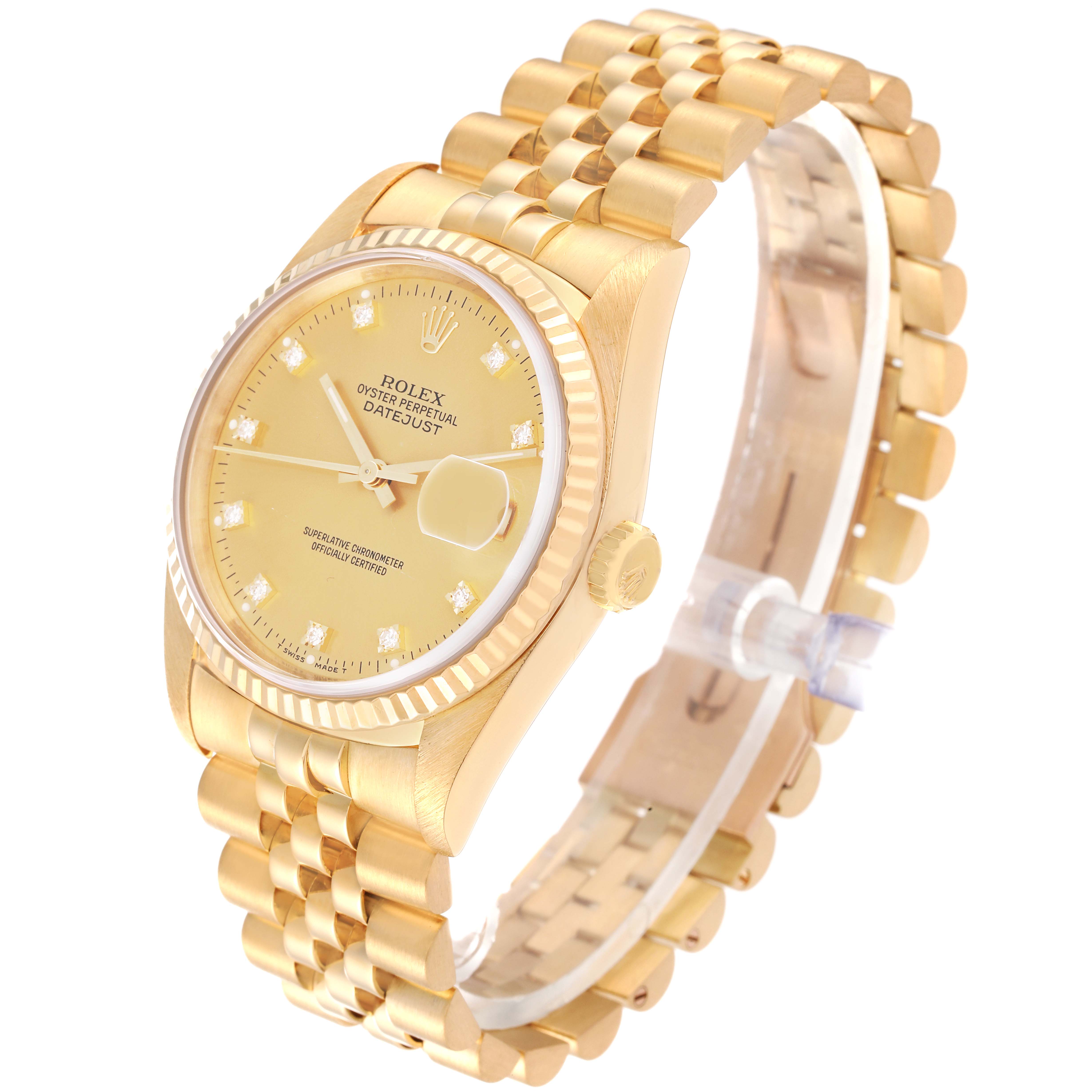 This Rolex President 16238 Men
s Yellow Gold Champagne Dial 16238 Men
s Yellow Gold Champagne Dial model watch shows the face, bezel, crown, and bracelet from a front-side angle.
