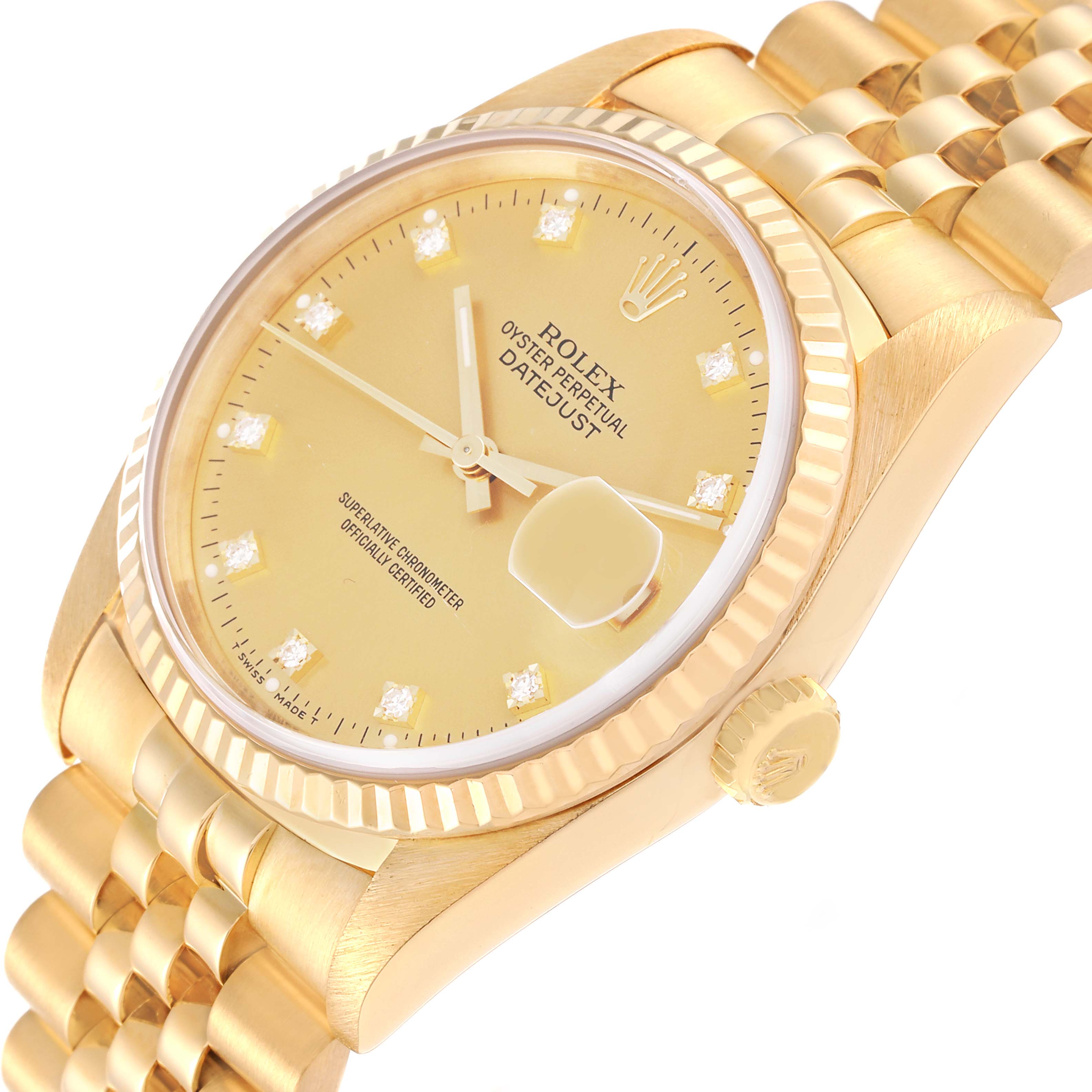 The Rolex President 16238 Men
s Yellow Gold Champagne Dial 16238 Men
s Yellow Gold Champagne Dial model is shown from an angled side view, highlighting the dial, crown, and bracelet.