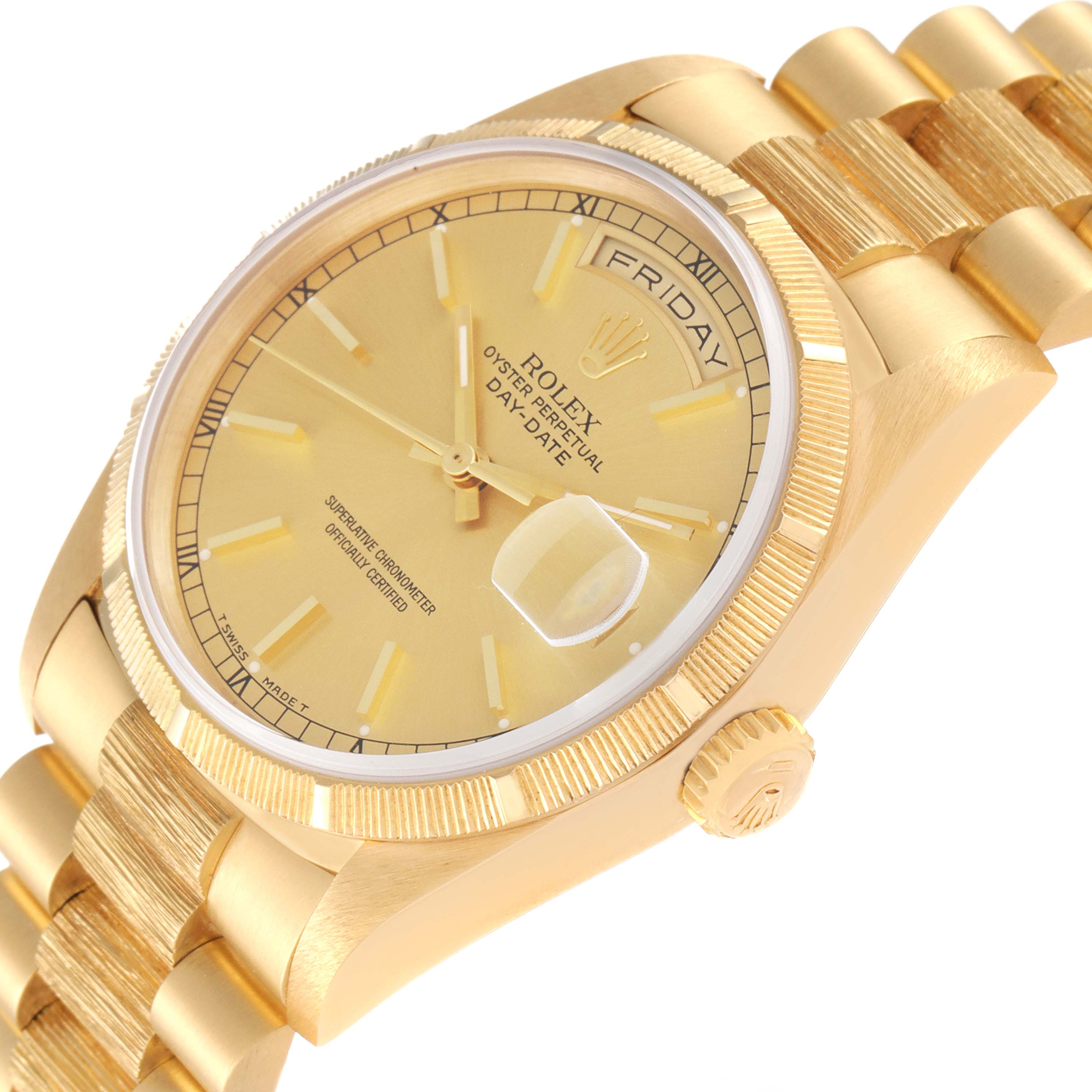 This image shows a close-up of the dial, bezel, and bracelet of the Rolex President 18248 Men's Yellow Gold Champagne Dial 18248 Men's Yellow Gold Champagne Dial model watch at an oblique angle.