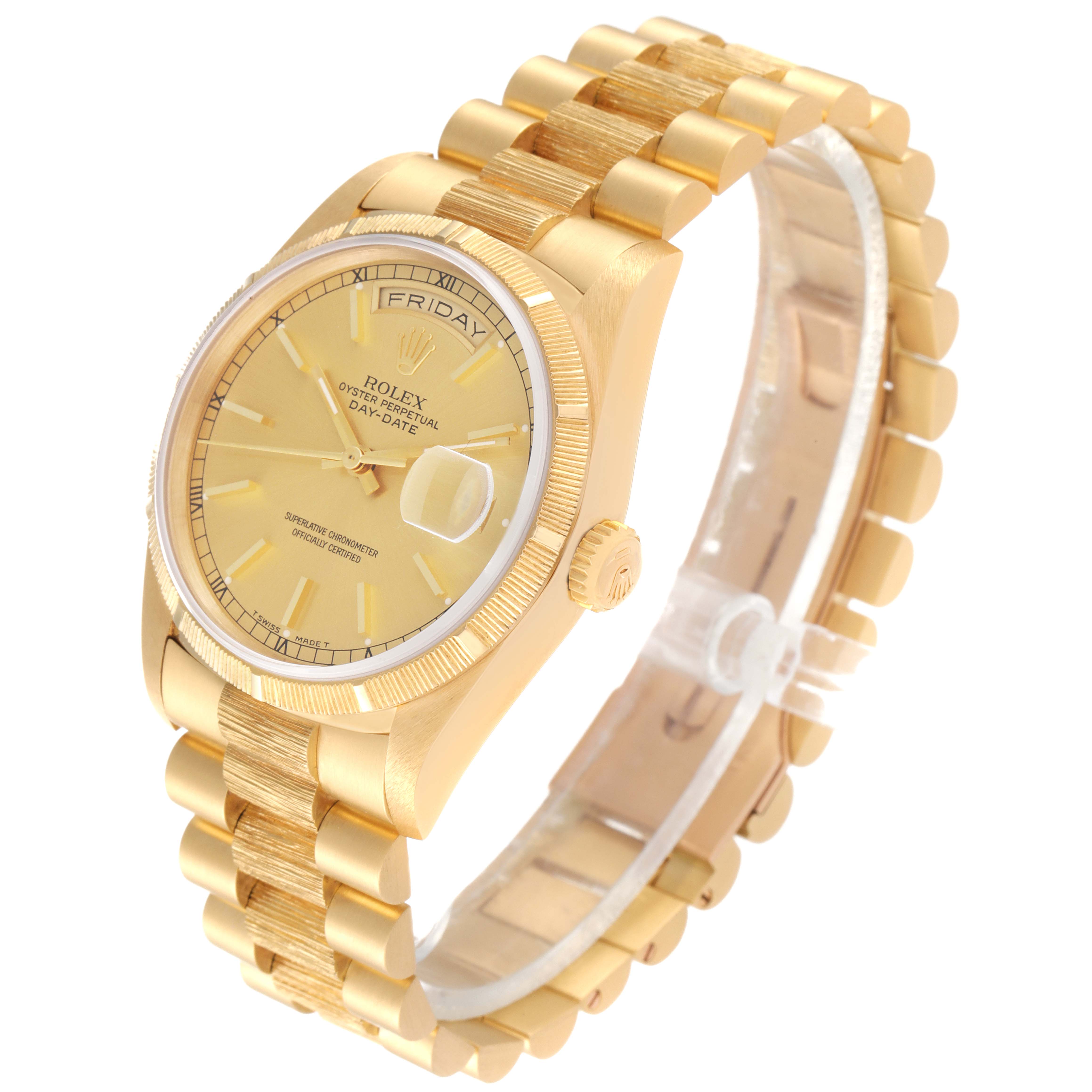 This image shows a side angle view of the Rolex President 18248 Men's Yellow Gold Champagne Dial 18248 Men's Yellow Gold Champagne Dial model watch, highlighting its gold bracelet, dial, case, and fluted bezel.