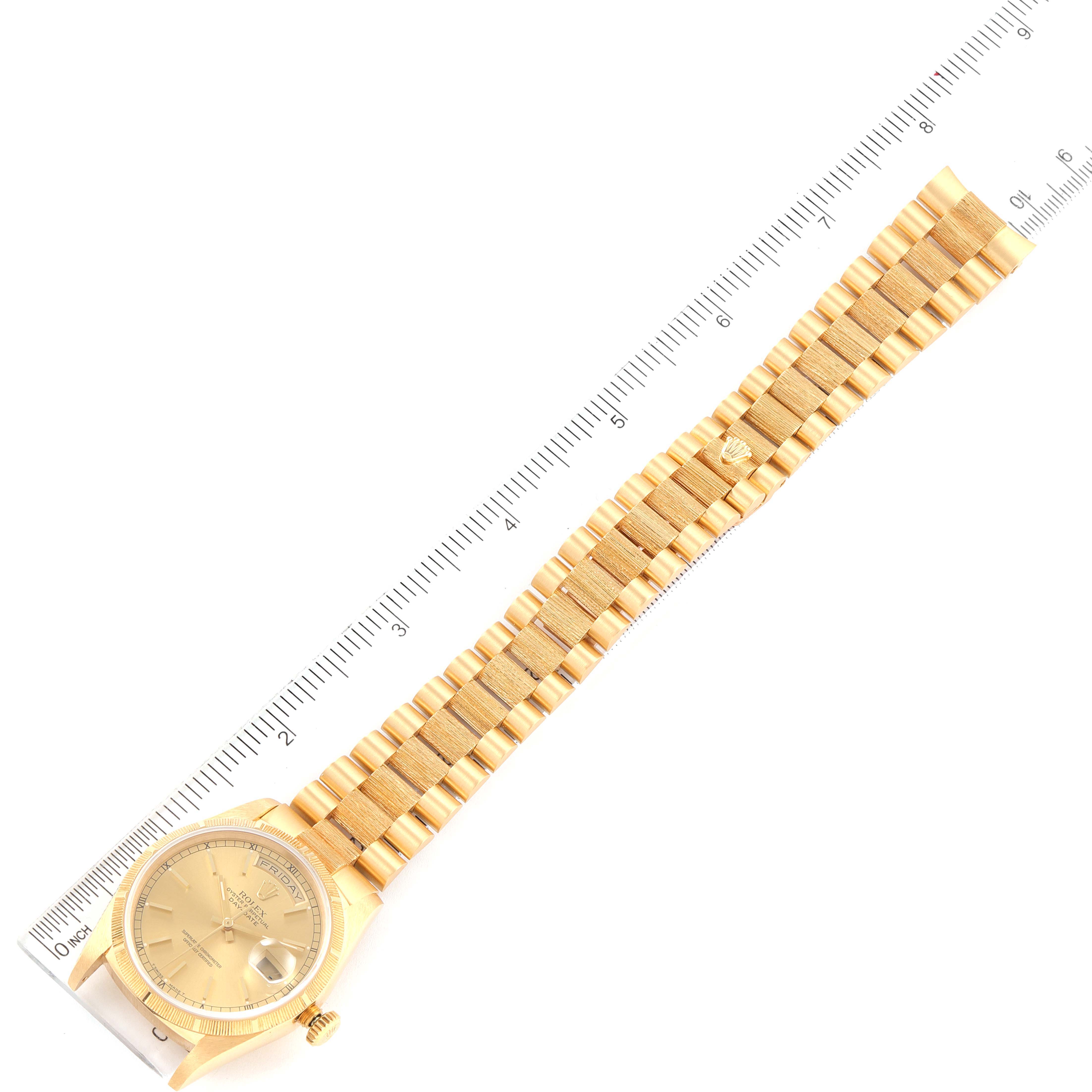 The image shows a Rolex President 18248 Men's Yellow Gold Champagne Dial 18248 Men's Yellow Gold Champagne Dial model watch laid flat with the face and bracelet visible, alongside a ruler for scale.