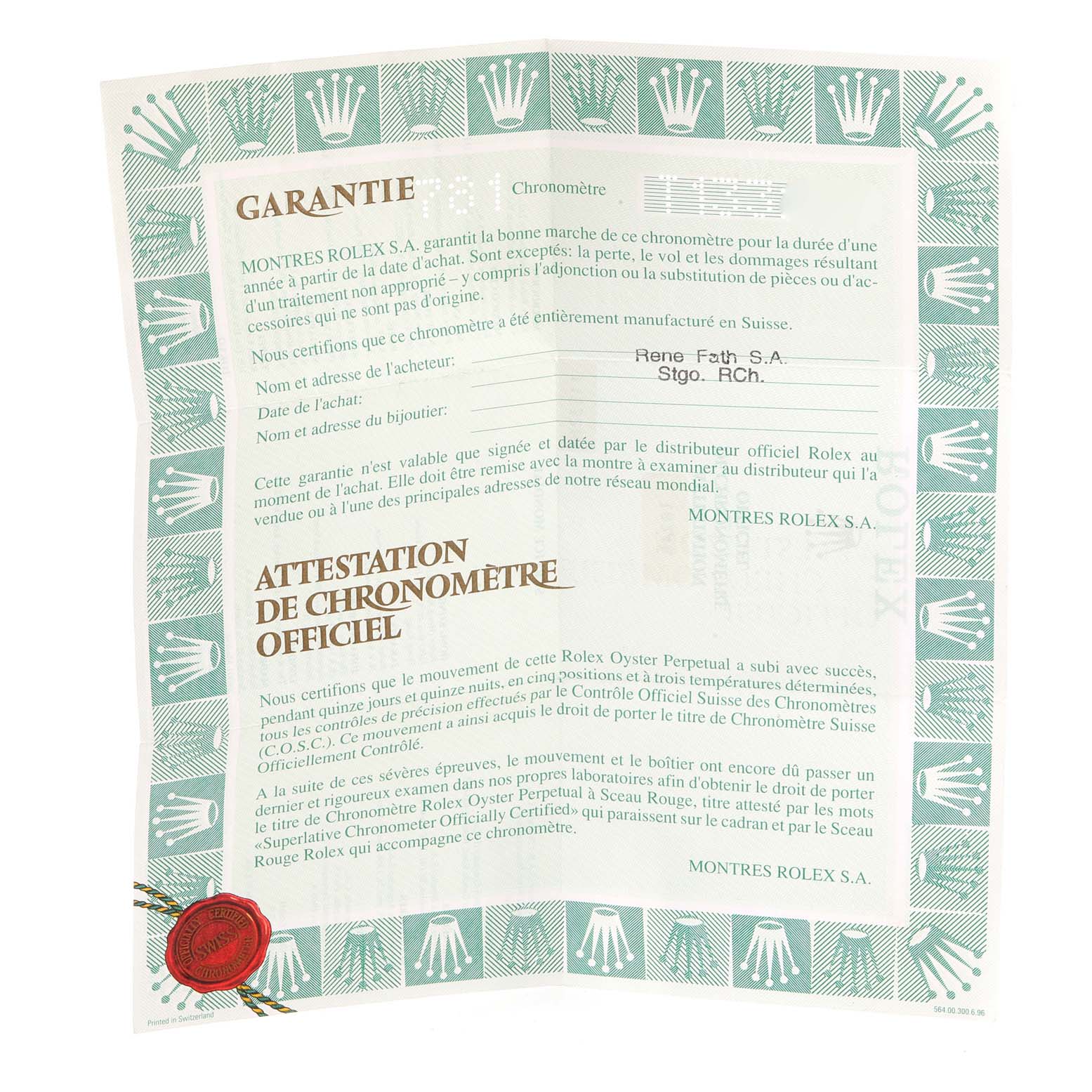 The image shows the official warranty and chronometer certification for a Rolex President 18248 Men's Yellow Gold Champagne Dial 18248 Men's Yellow Gold Champagne Dial model watch.