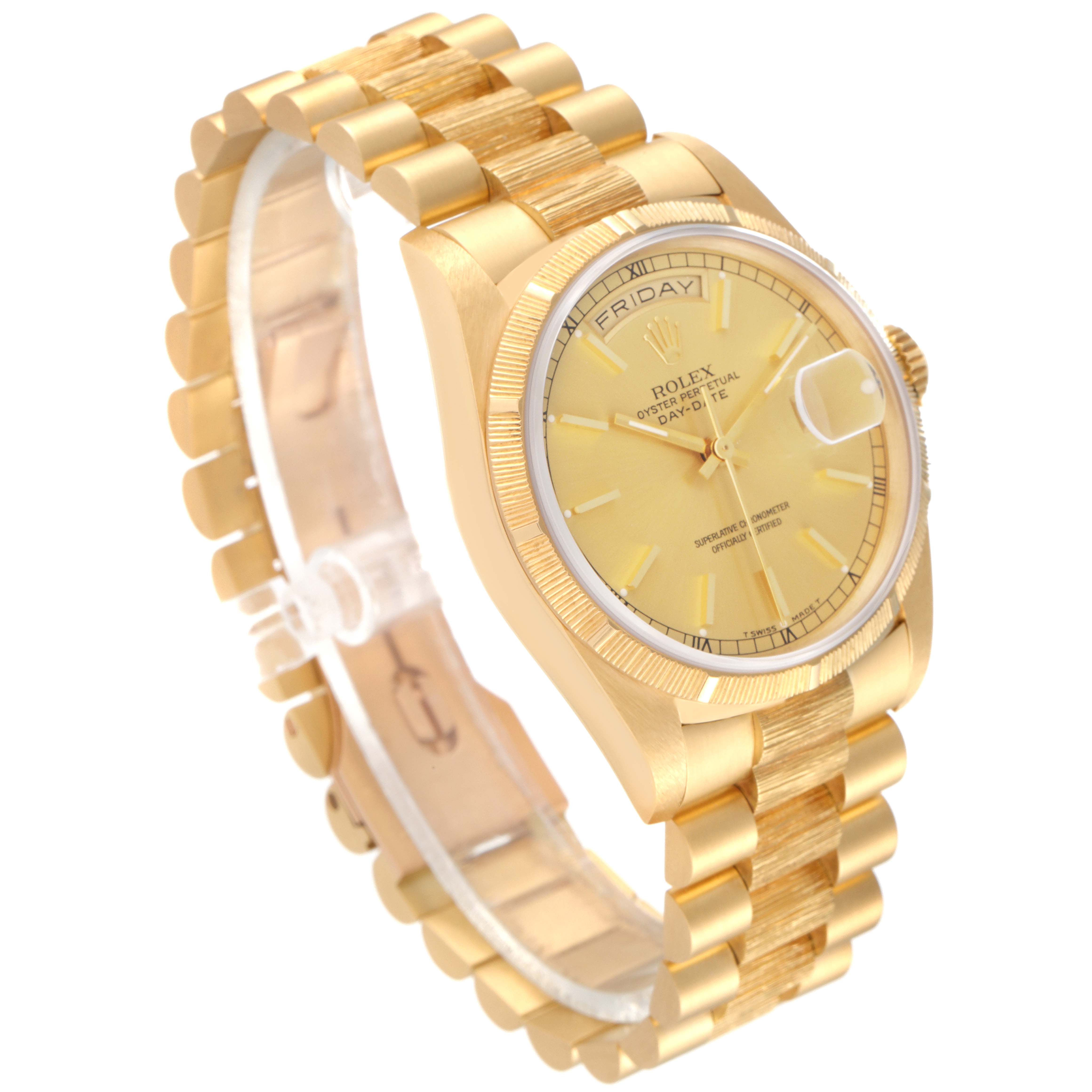 The image displays a Rolex President 18248 Men's Yellow Gold Champagne Dial 18248 Men's Yellow Gold Champagne Dial model watch at a three-quarter angle, showcasing its bracelet, dial, and case.