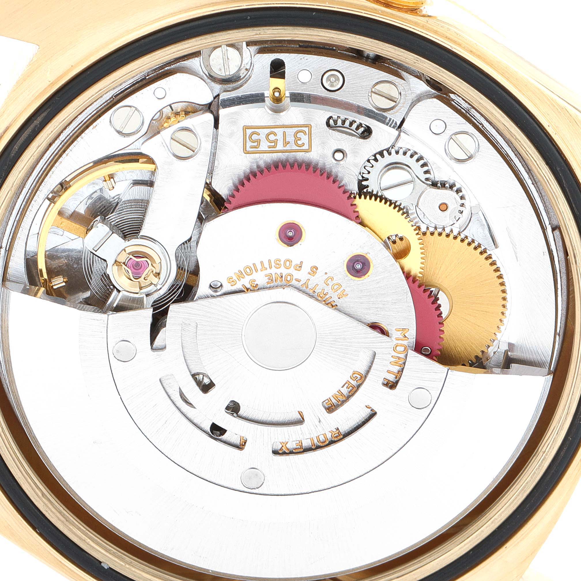 This image shows a close-up view of the inner mechanical parts and movement of a Rolex President 18248 Men's Yellow Gold Champagne Dial 18248 Men's Yellow Gold Champagne Dial model watch.