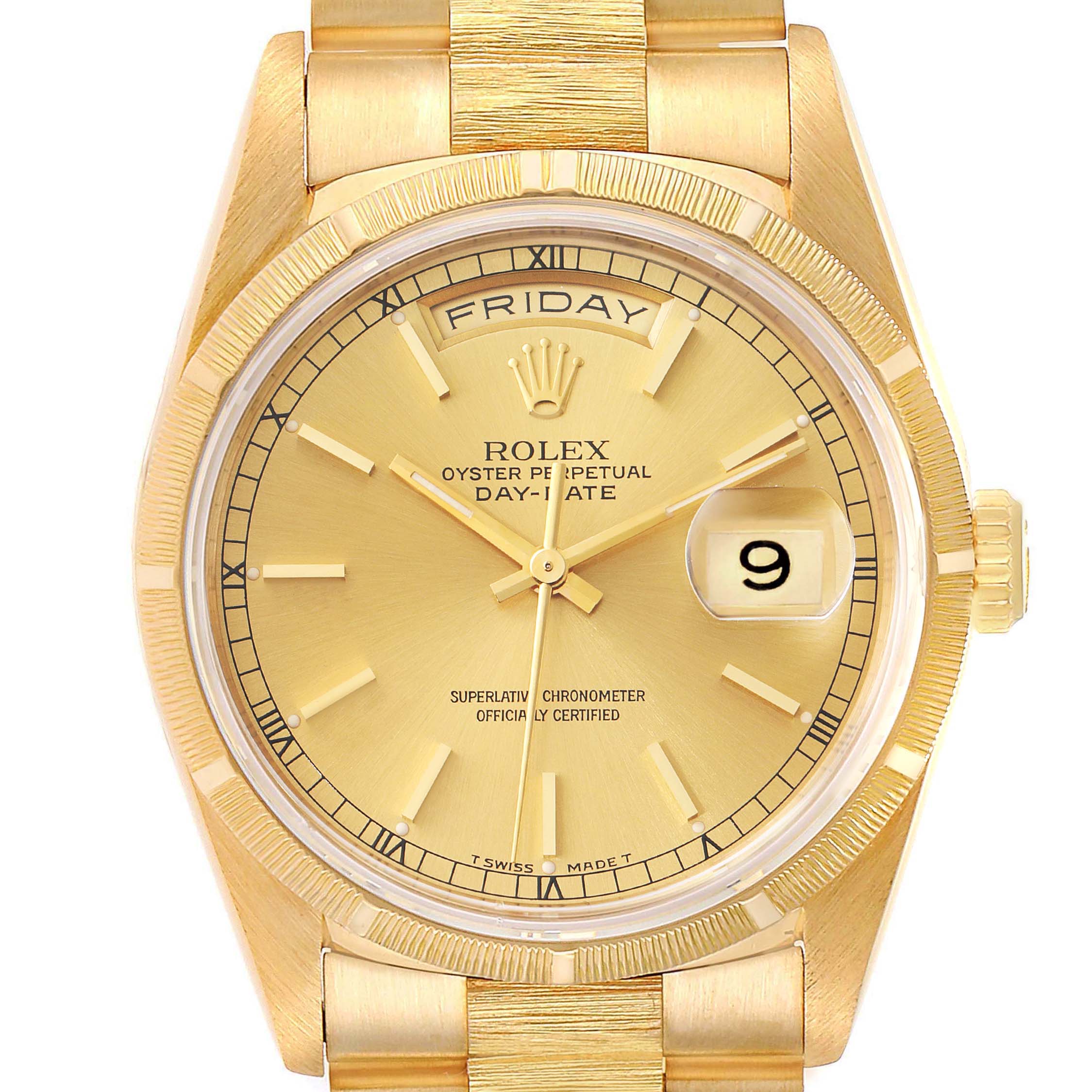 This image shows a front view of the Rolex President 18248 Men's Yellow Gold Champagne Dial 18248 Men's Yellow Gold Champagne Dial Oyster Perpetual Day-Date watch, highlighting the dial, bracelet, and case.