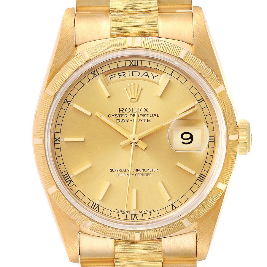 Rolex Day-Date President 36mm Yellow Gold Bark Finish Watch 18248 Papers SwissWatchExpo