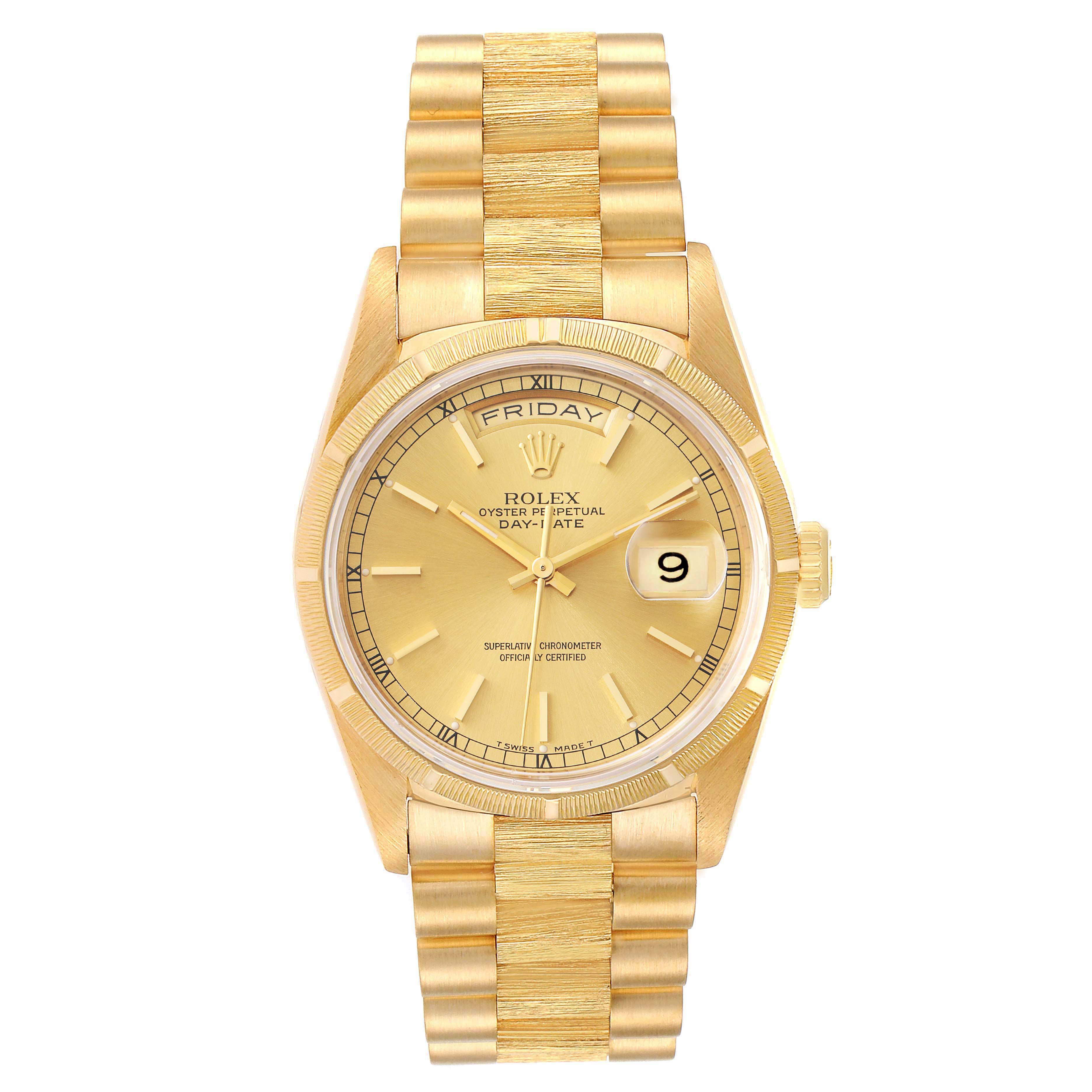 This image shows a front view of the Rolex President 18248 Men's Yellow Gold Champagne Dial 18248 Men's Yellow Gold Champagne Dial model watch, displaying the face, bezel, and bracelet.
