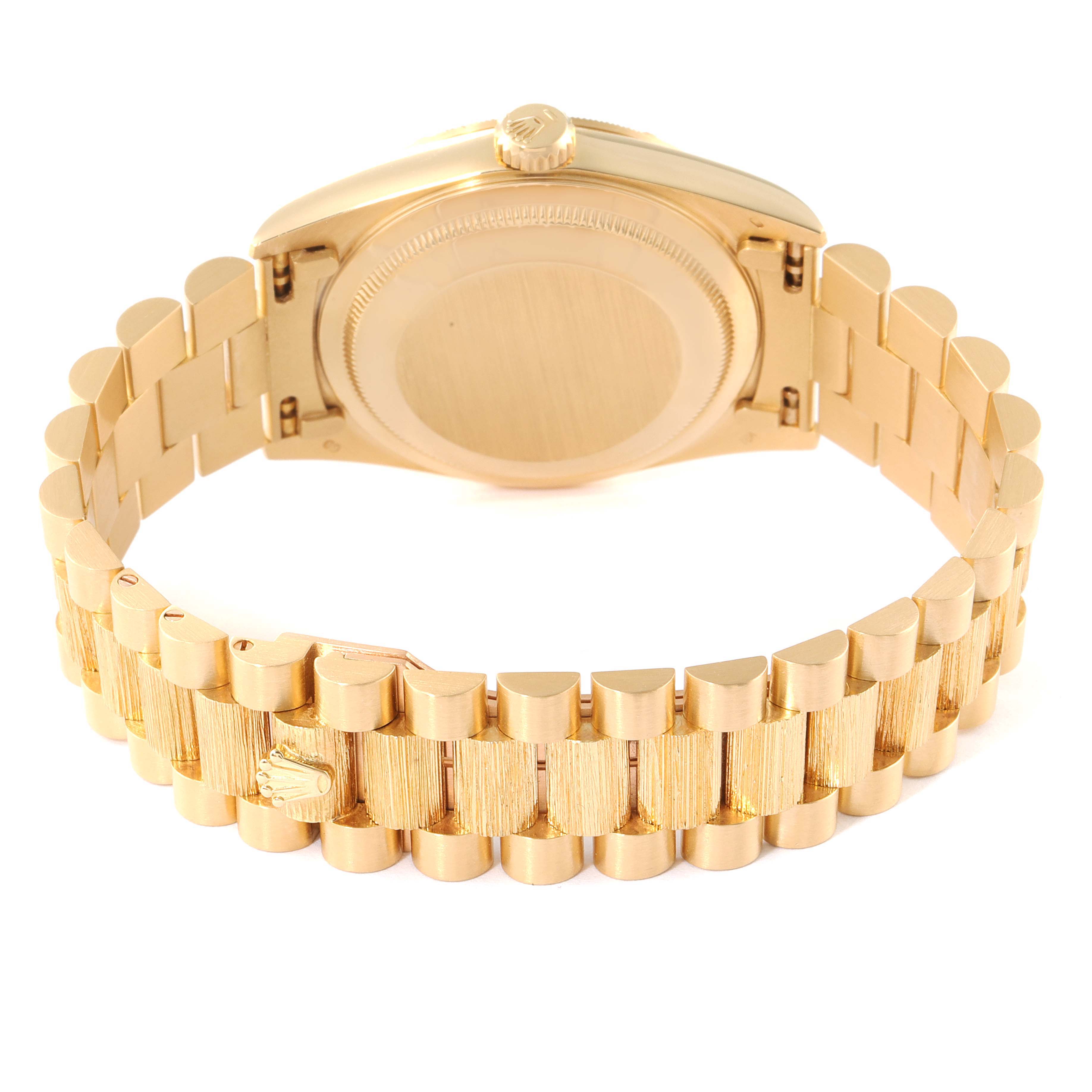 This image shows the back case and bracelet of the Rolex President 18248 Men's Yellow Gold Champagne Dial 18248 Men's Yellow Gold Champagne Dial model watch from a rear angle.