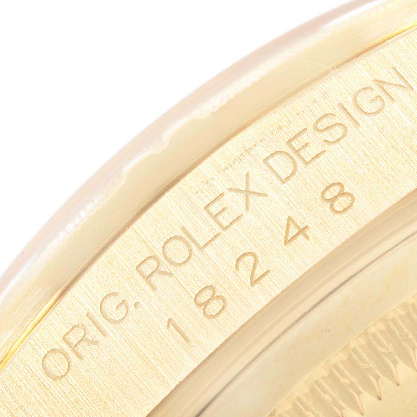 This close-up image shows the side of a Rolex President 18248 Men's Yellow Gold Champagne Dial 18248 Men's Yellow Gold Champagne Dial watch, highlighting the model number 18248 and "Orig. Rolex Design" engraving.
