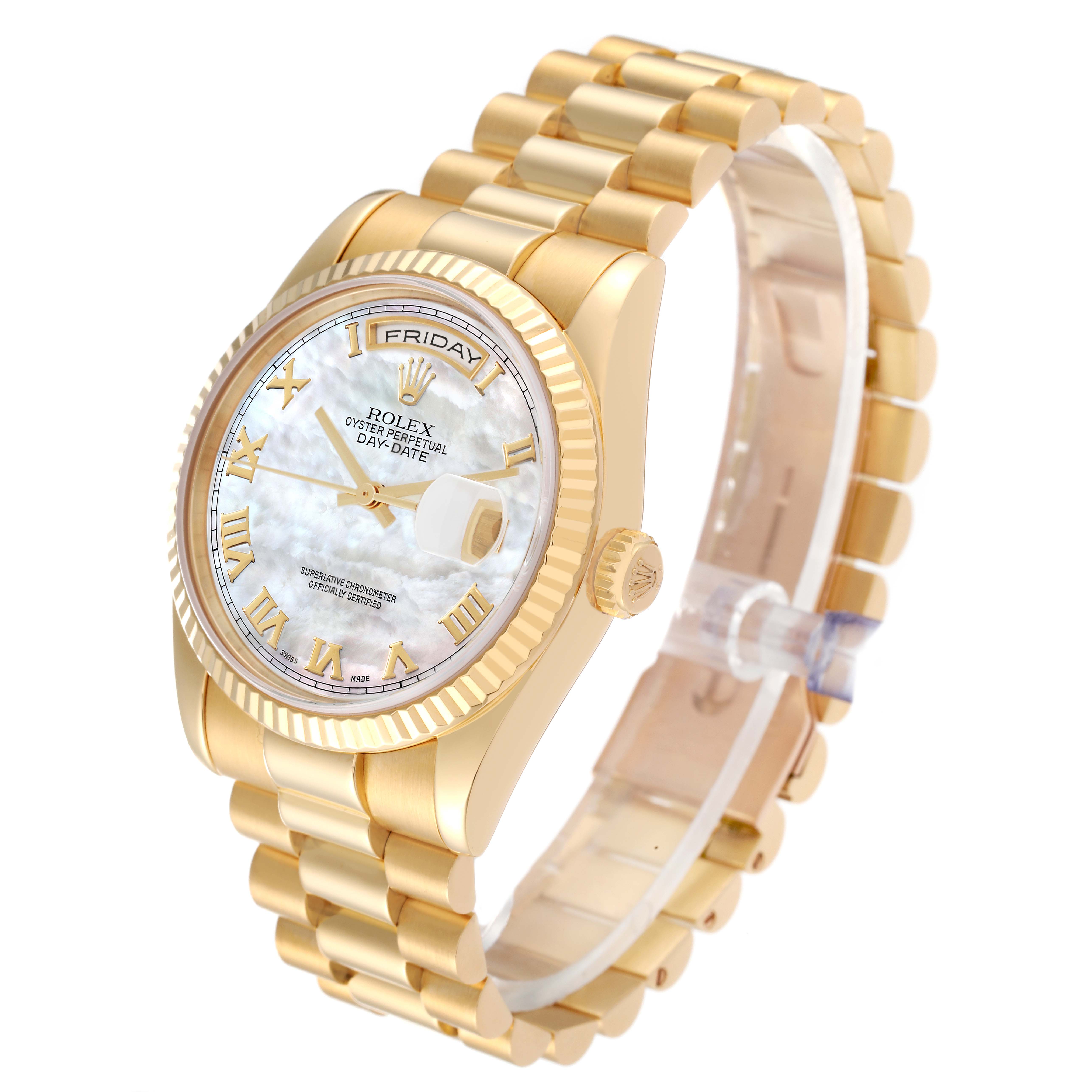 This image shows a side-angle view of the Rolex President 118238 Men's Yellow Gold Mother of Pearl Dial 118238 Men's Yellow Gold Mother of Pearl Dial model watch, featuring the dial, case, crown, and bracelet.