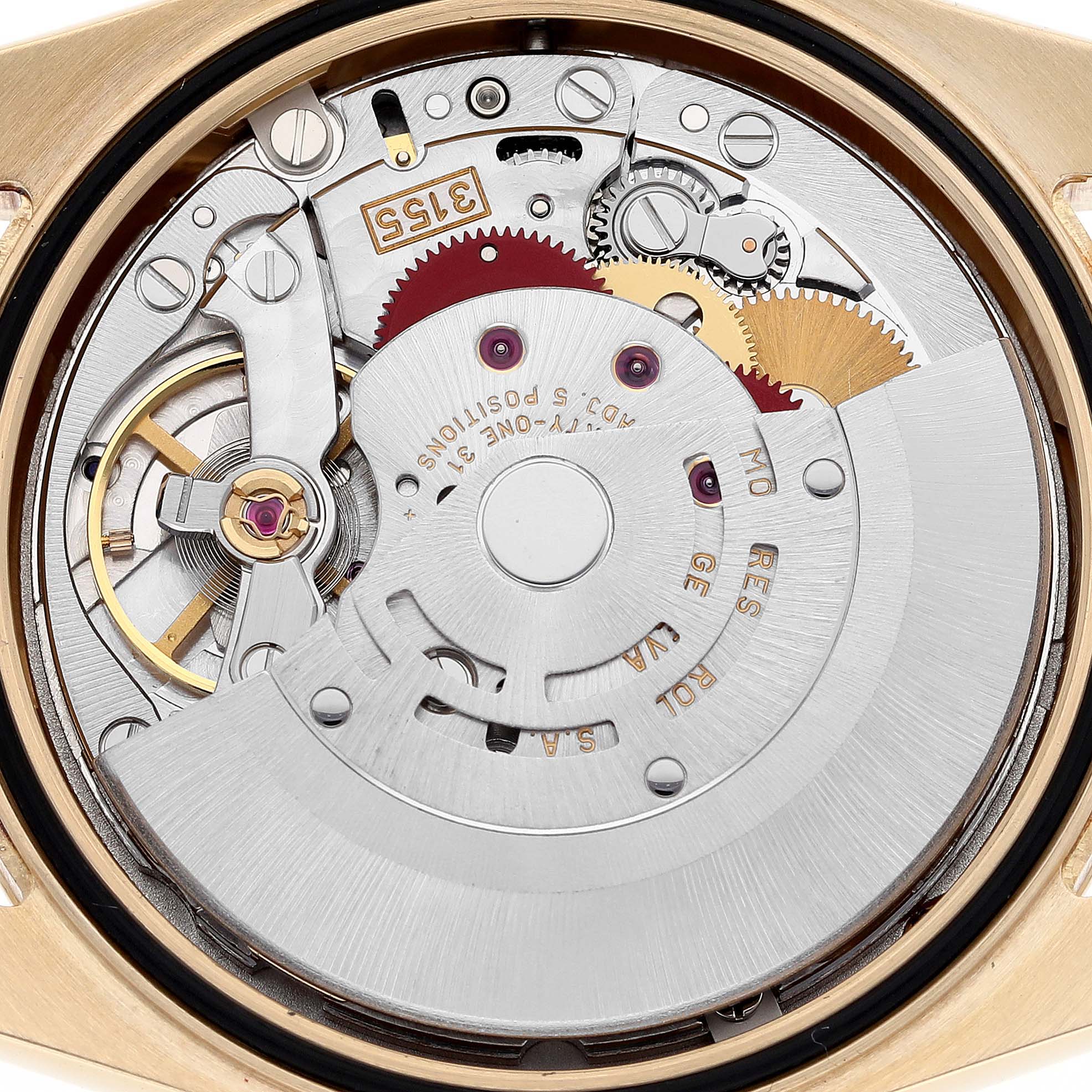 This is a close-up view showing the inner mechanical movement of a Rolex President 118238 Men's Yellow Gold Mother of Pearl Dial 118238 Men's Yellow Gold Mother of Pearl Dial model watch.