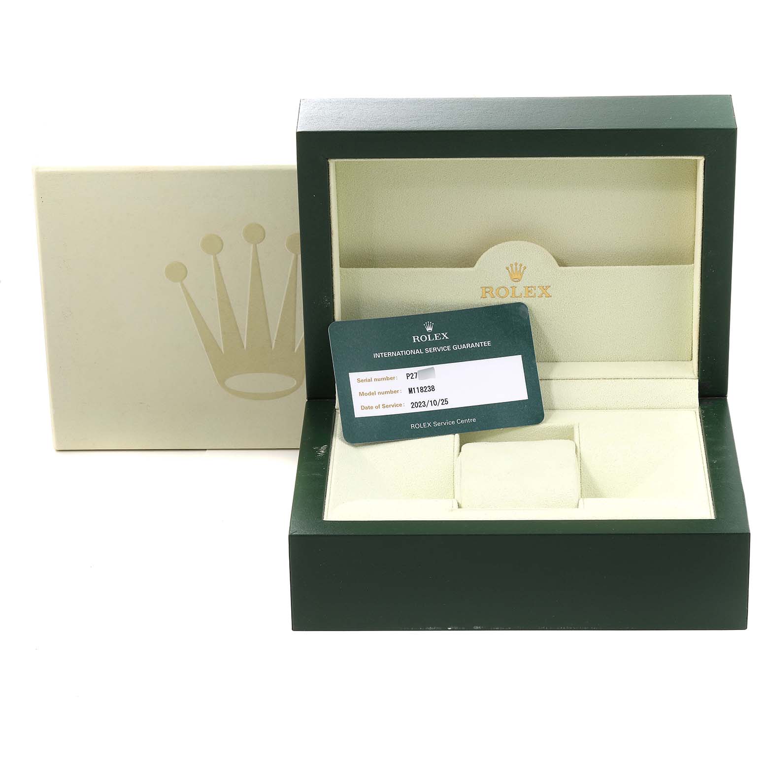 The image shows the packaging and guarantee card for a Rolex President 118238 Men's Yellow Gold Mother of Pearl Dial 118238 Men's Yellow Gold Mother of Pearl Dial model watch, with an open box displaying its interior.