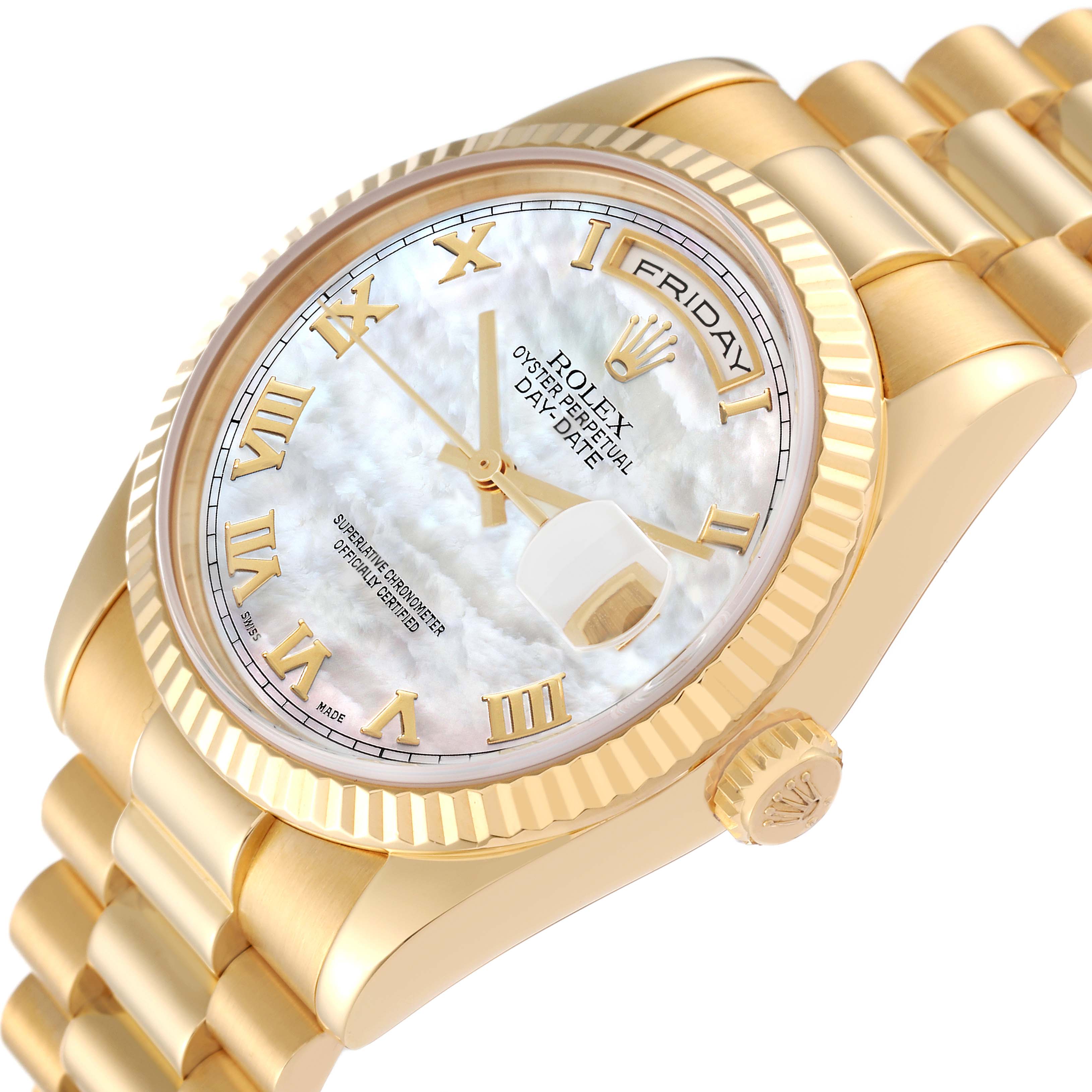 This image shows a President model Rolex watch from a slight angle, highlighting the dial, bezel, part of the bracelet, and crown.
