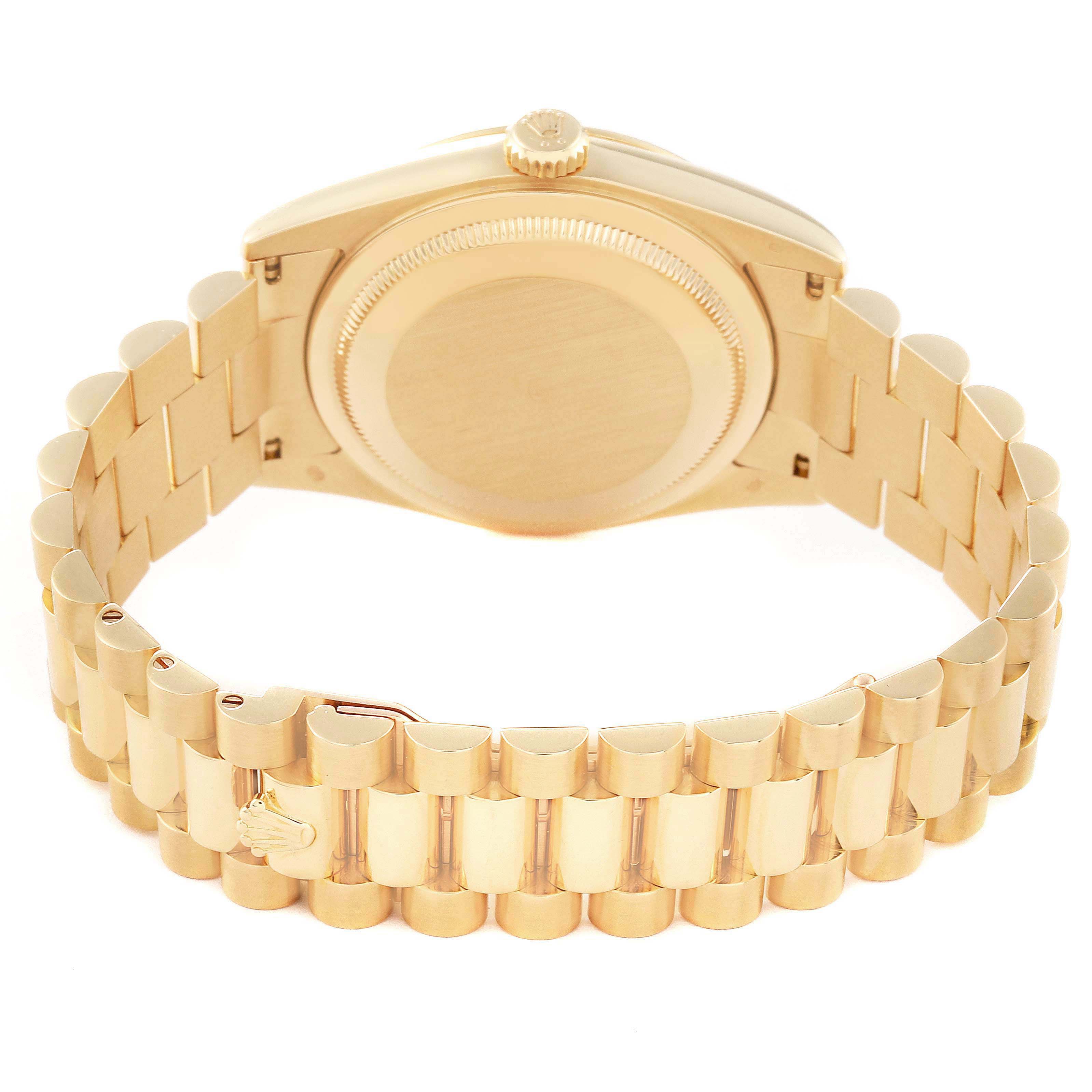 The image shows the back and bracelet of a Rolex President 118238 Men's Yellow Gold Mother of Pearl Dial 118238 Men's Yellow Gold Mother of Pearl Dial model watch.