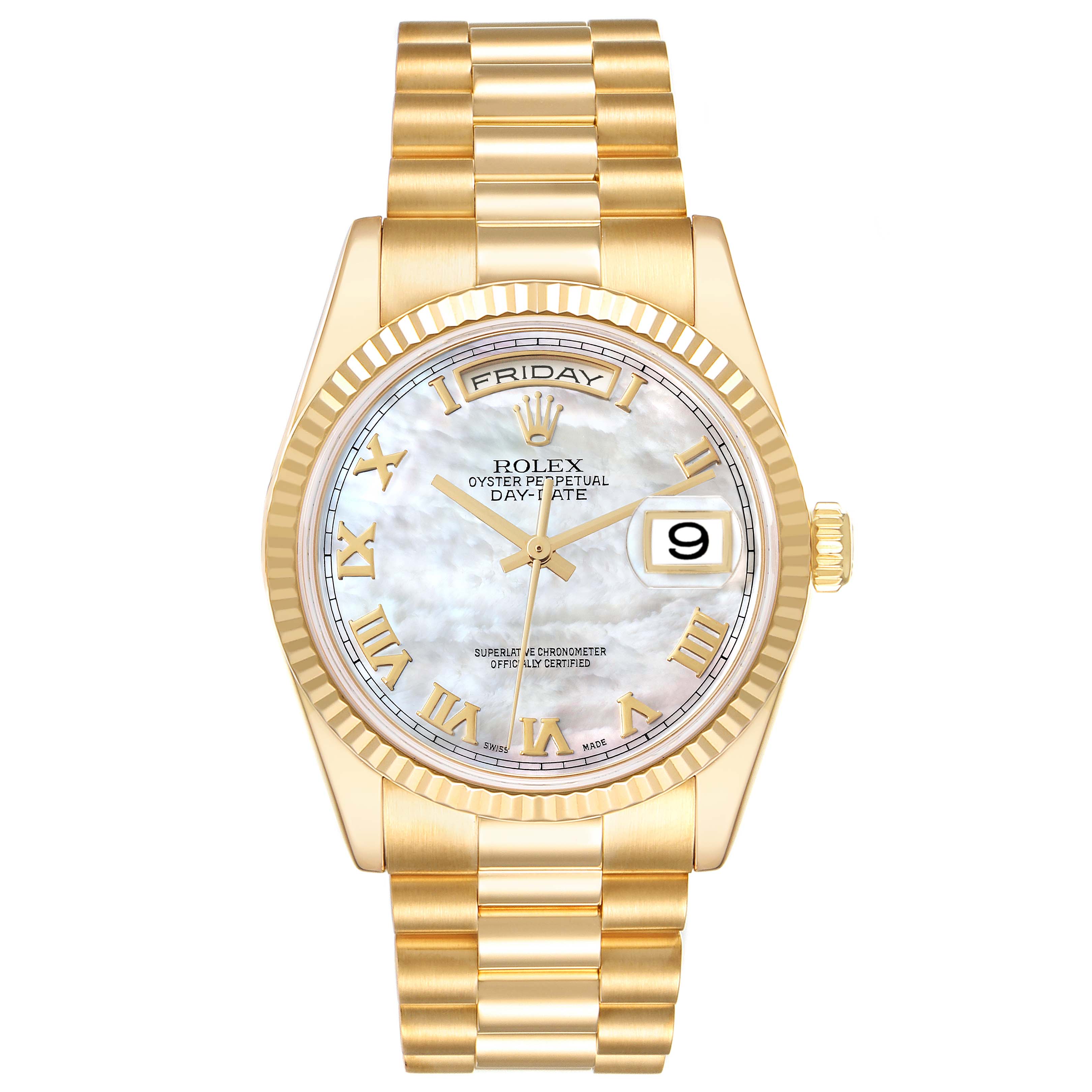The image shows a front view of a Rolex President 118238 Men's Yellow Gold Mother of Pearl Dial 118238 Men's Yellow Gold Mother of Pearl Dial model, including its gold bracelet, bezel, and dial with date and day display.
