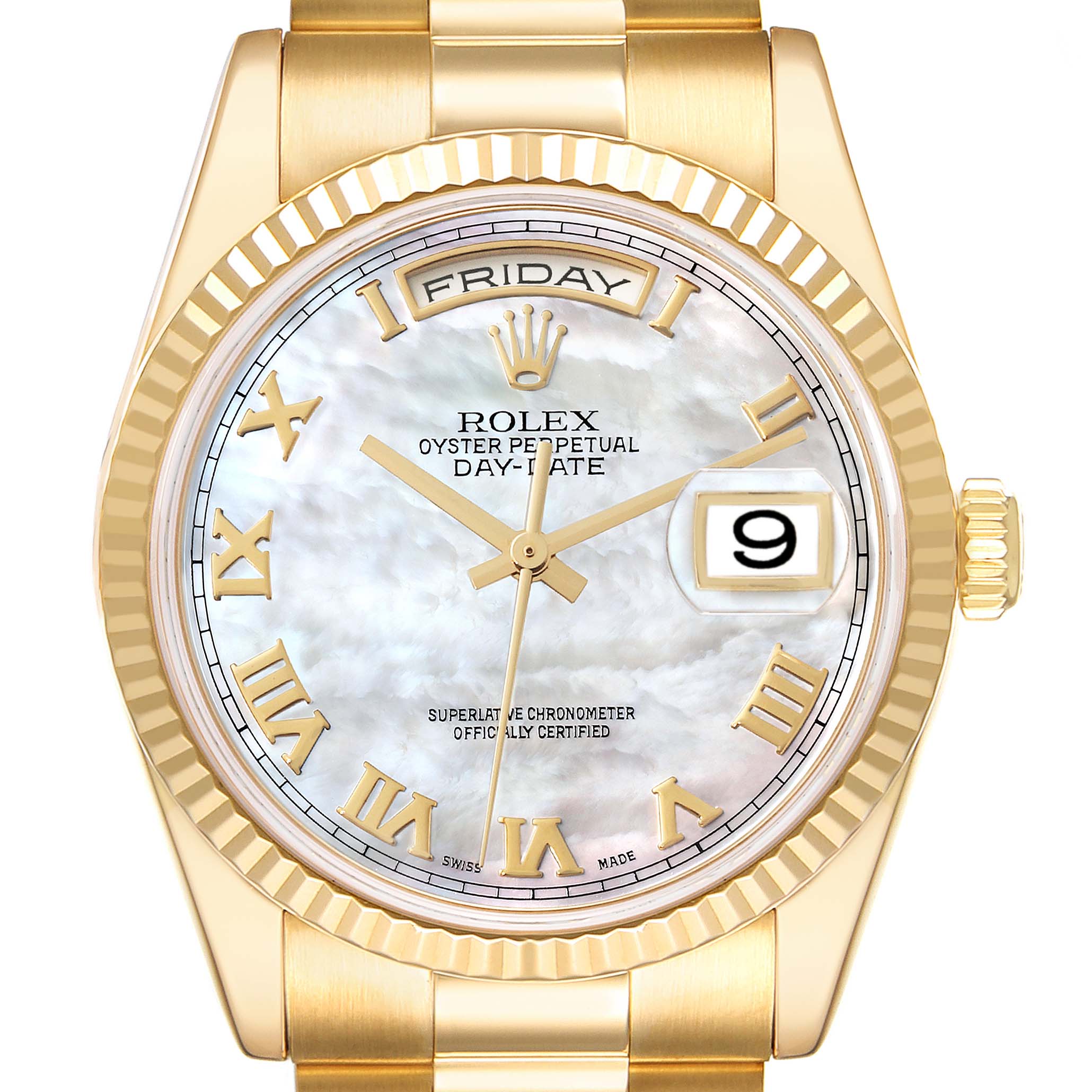 This image shows a frontal view of a Rolex President 118238 Men's Yellow Gold Mother of Pearl Dial 118238 Men's Yellow Gold Mother of Pearl Dial Day-Date watch, displaying the dial, bezel, hands, crown, and bracelet top.