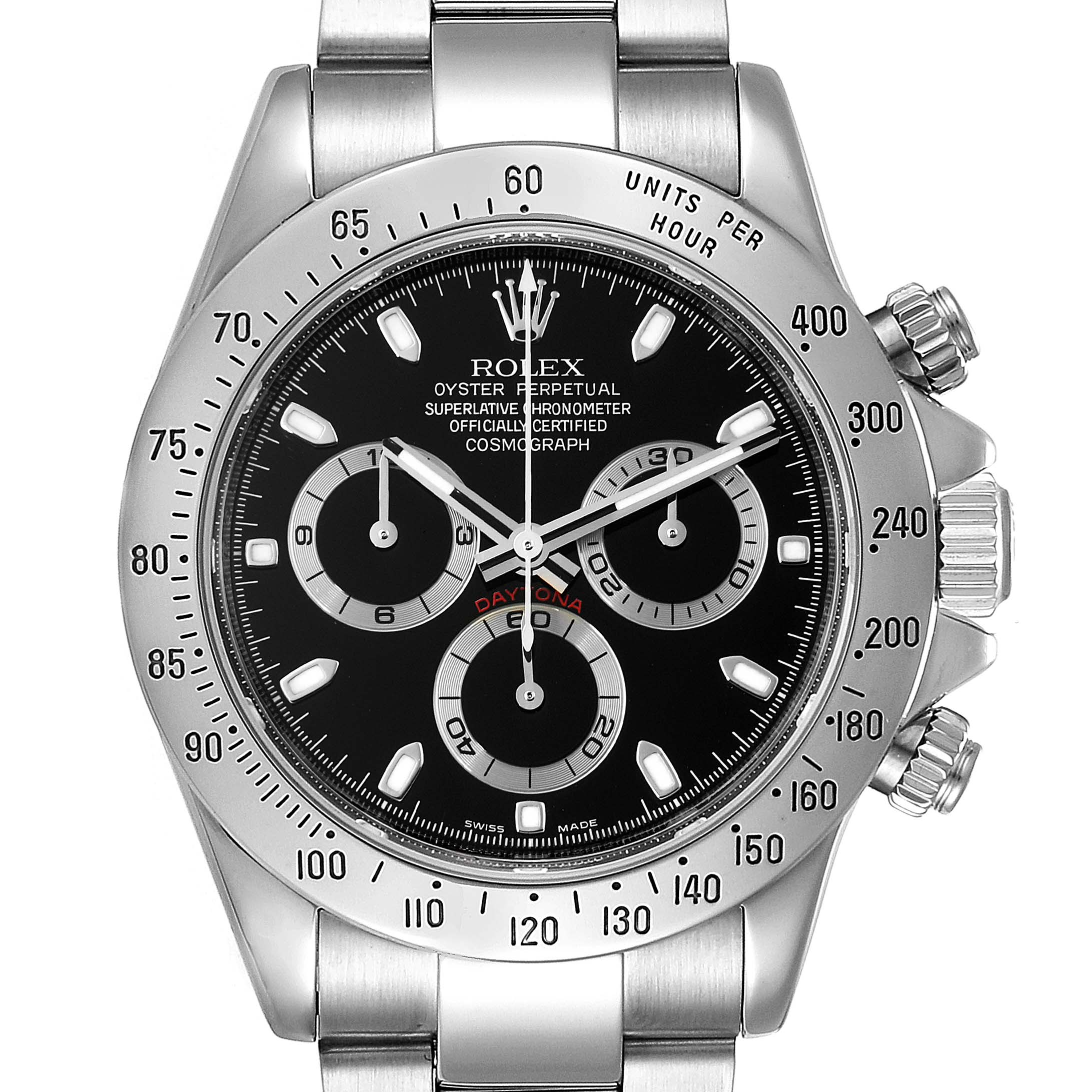 The image shows a frontal view of a Rolex Daytona 116520 Men's Stainless Steel Black Dial 116520 Men's Stainless Steel Black Dial watch, displaying its dial, bezel, and crown.