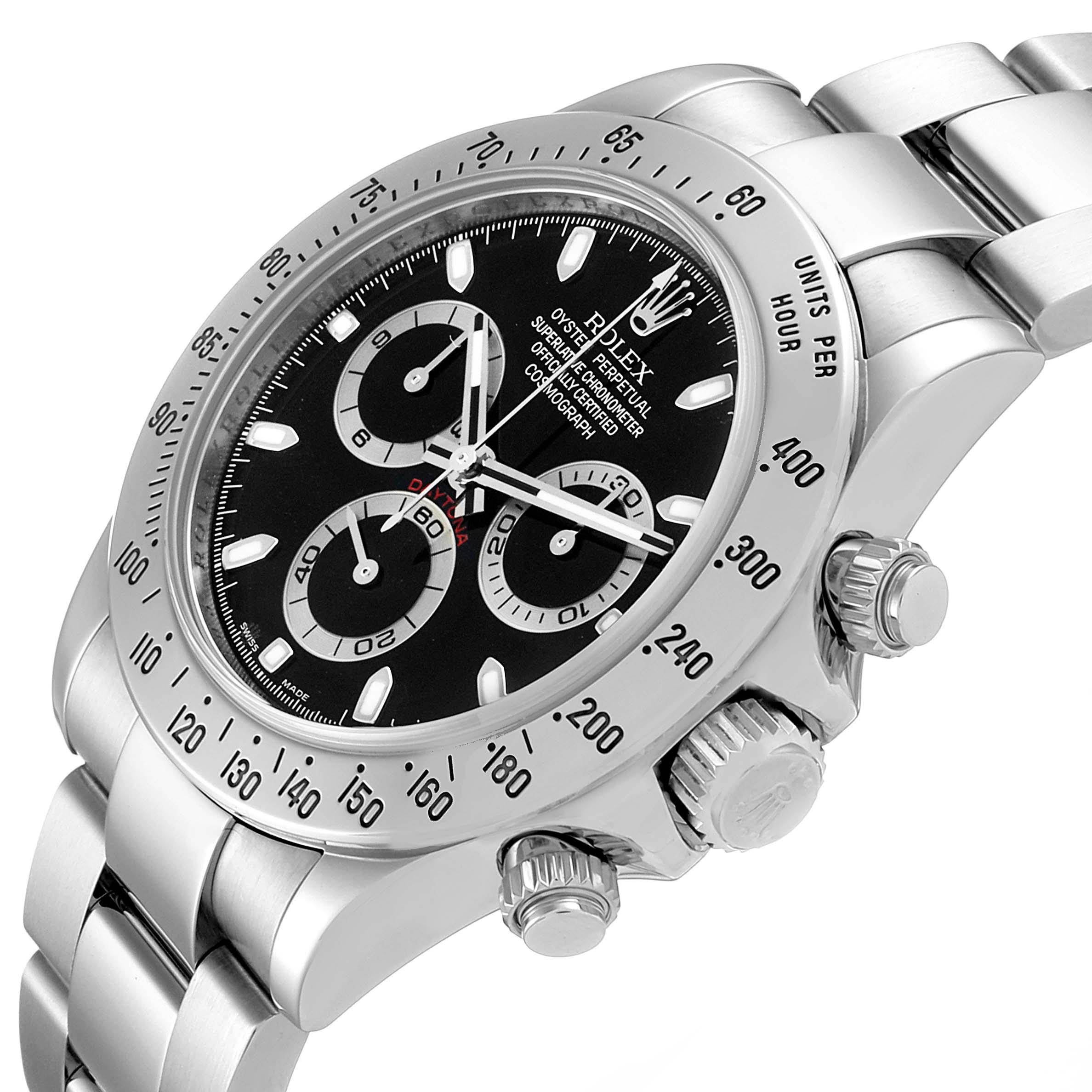 The image shows a Rolex Daytona 116520 Men's Stainless Steel Black Dial 116520 Men's Stainless Steel Black Dial watch at an angle highlighting the dial, bezel, pushers, crown, and part of the bracelet.