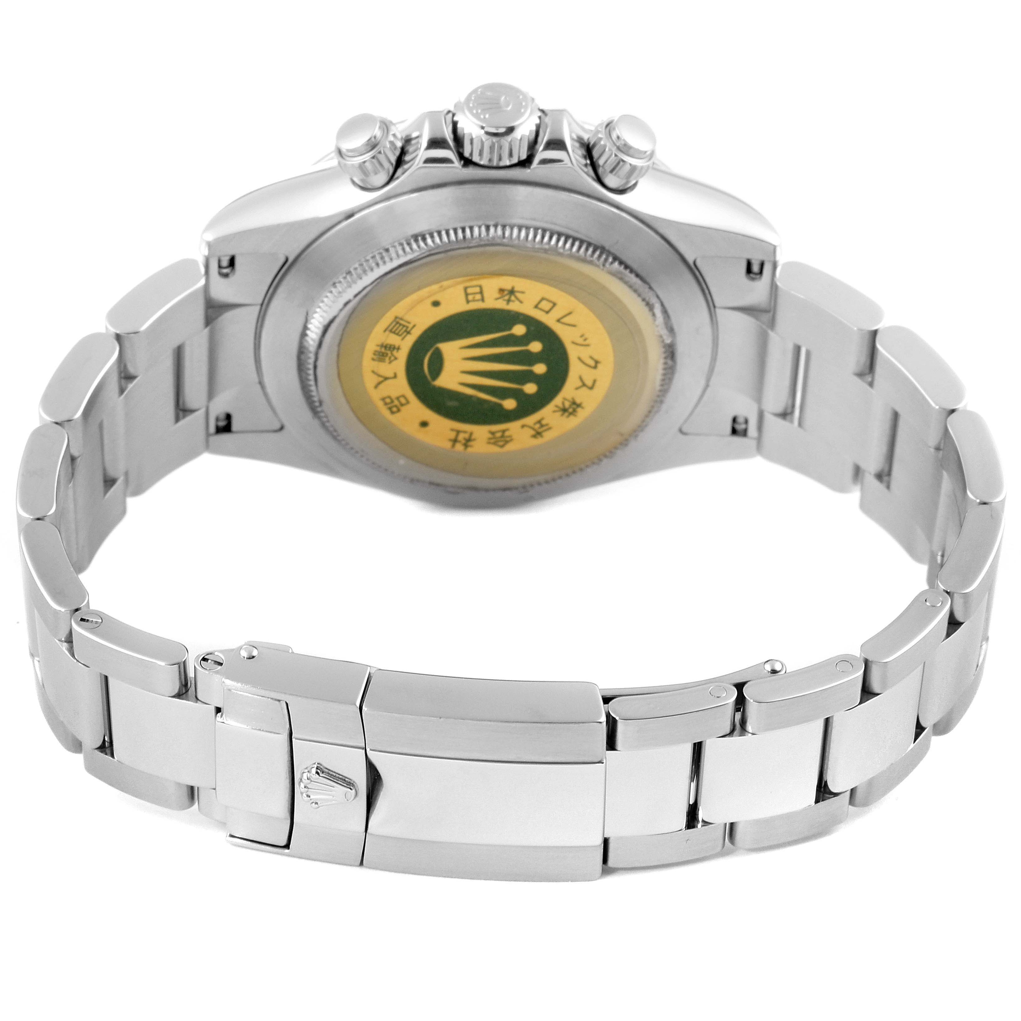 The image shows the back view of a Rolex Daytona 116520 Men's Stainless Steel Black Dial 116520 Men's Stainless Steel Black Dial watch, focusing on the bracelet and case back.