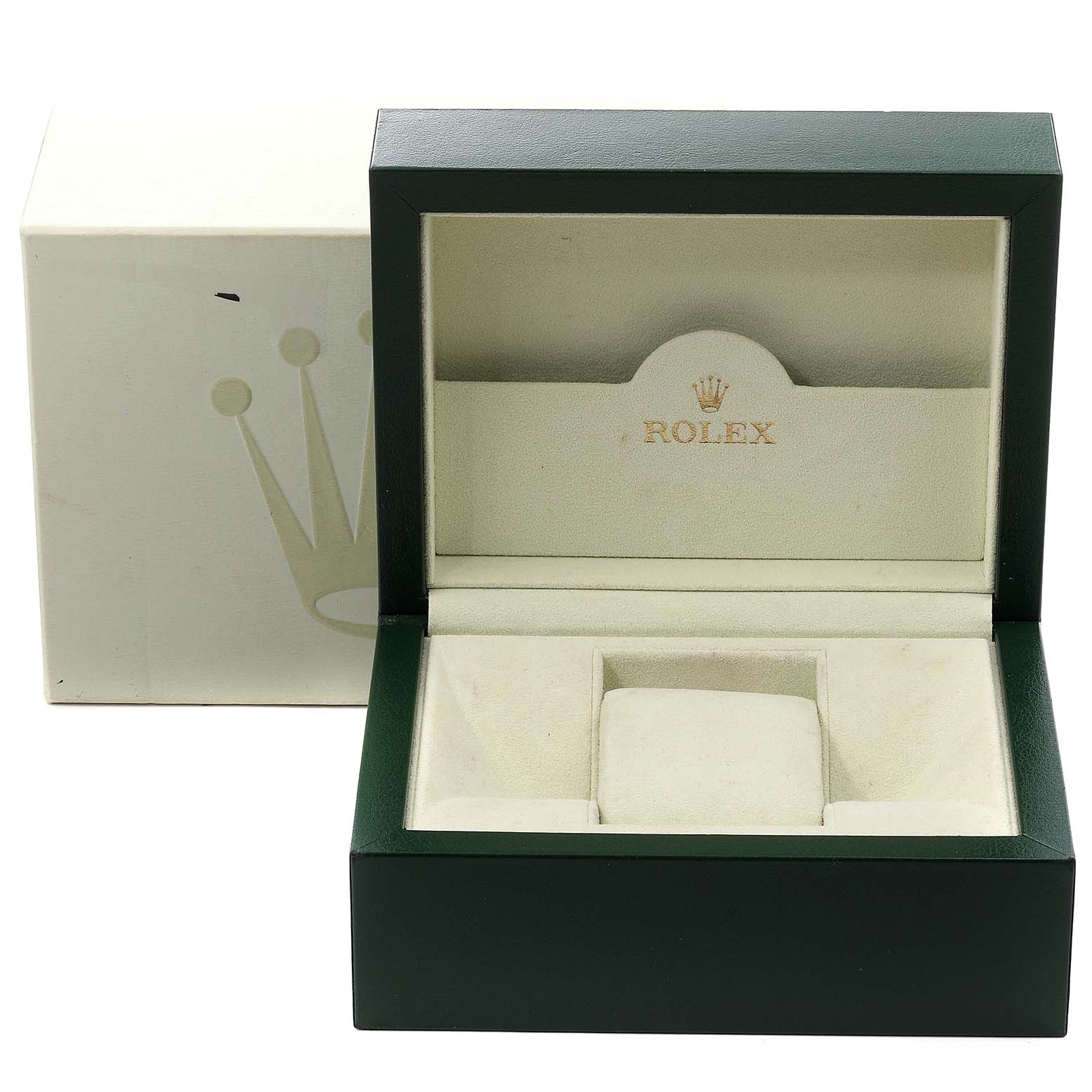 This image shows a Rolex Daytona 116520 Men's Stainless Steel Black Dial 116520 Men's Stainless Steel Black Dial watch box with the lid open, revealing the cushioned interior.