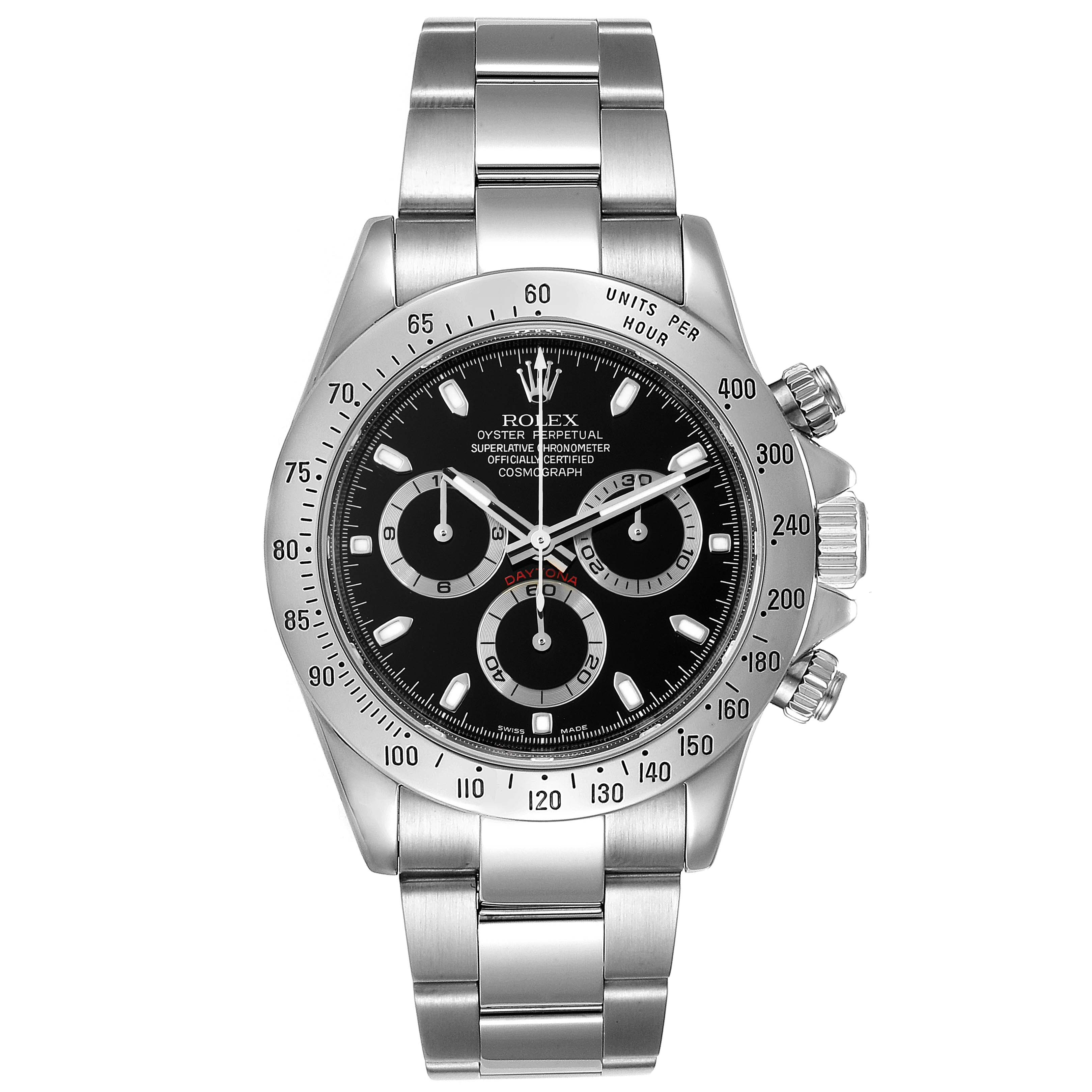 The image shows a front view of a Rolex Daytona 116520 Men's Stainless Steel Black Dial 116520 Men's Stainless Steel Black Dial watch, highlighting its bezel, dial, sub-dials, and stainless steel bracelet.
