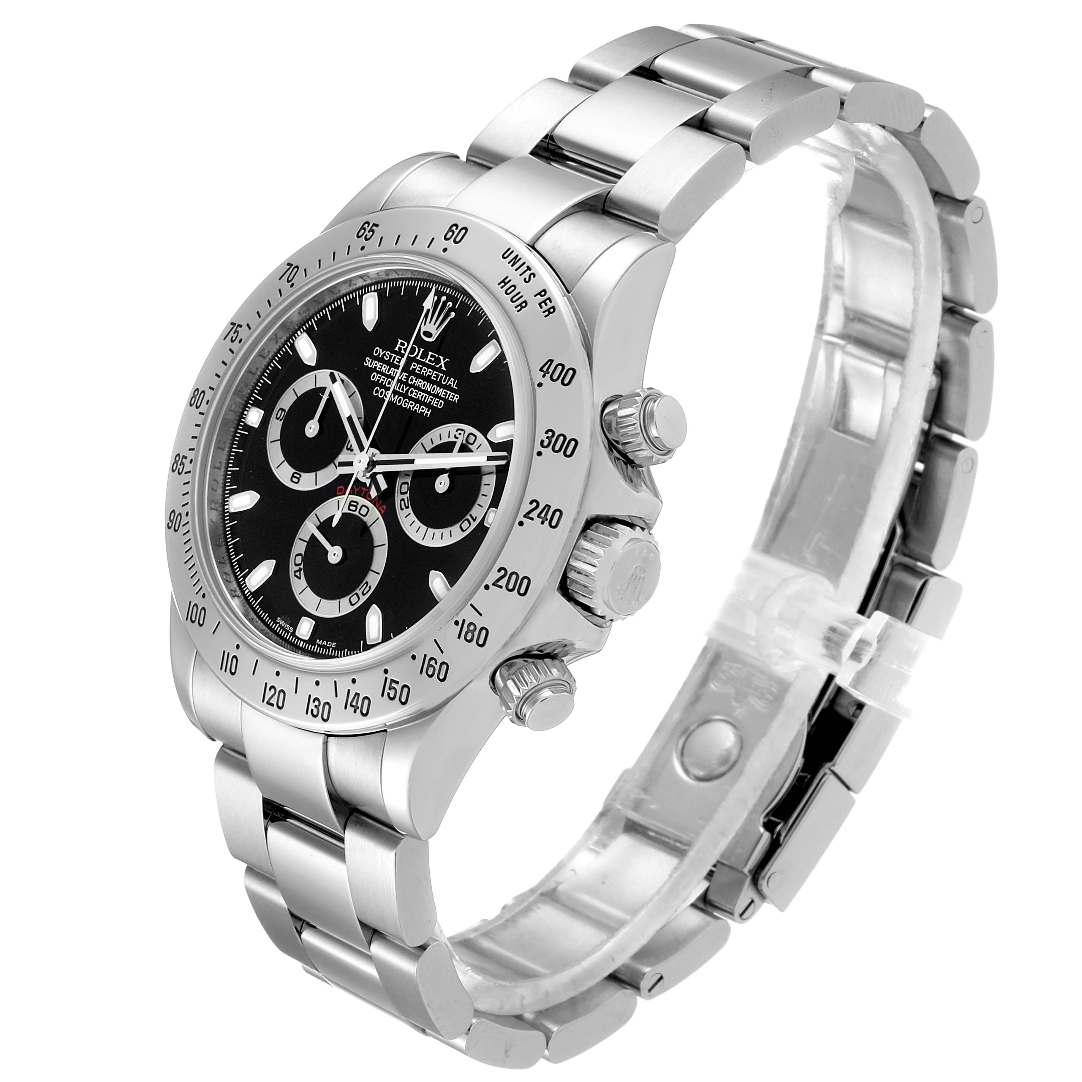 This Rolex Daytona 116520 Men's Stainless Steel Black Dial 116520 Men's Stainless Steel Black Dial model watch is shown at a three-quarter angle, highlighting the dial, bezel, crown, and bracelet.