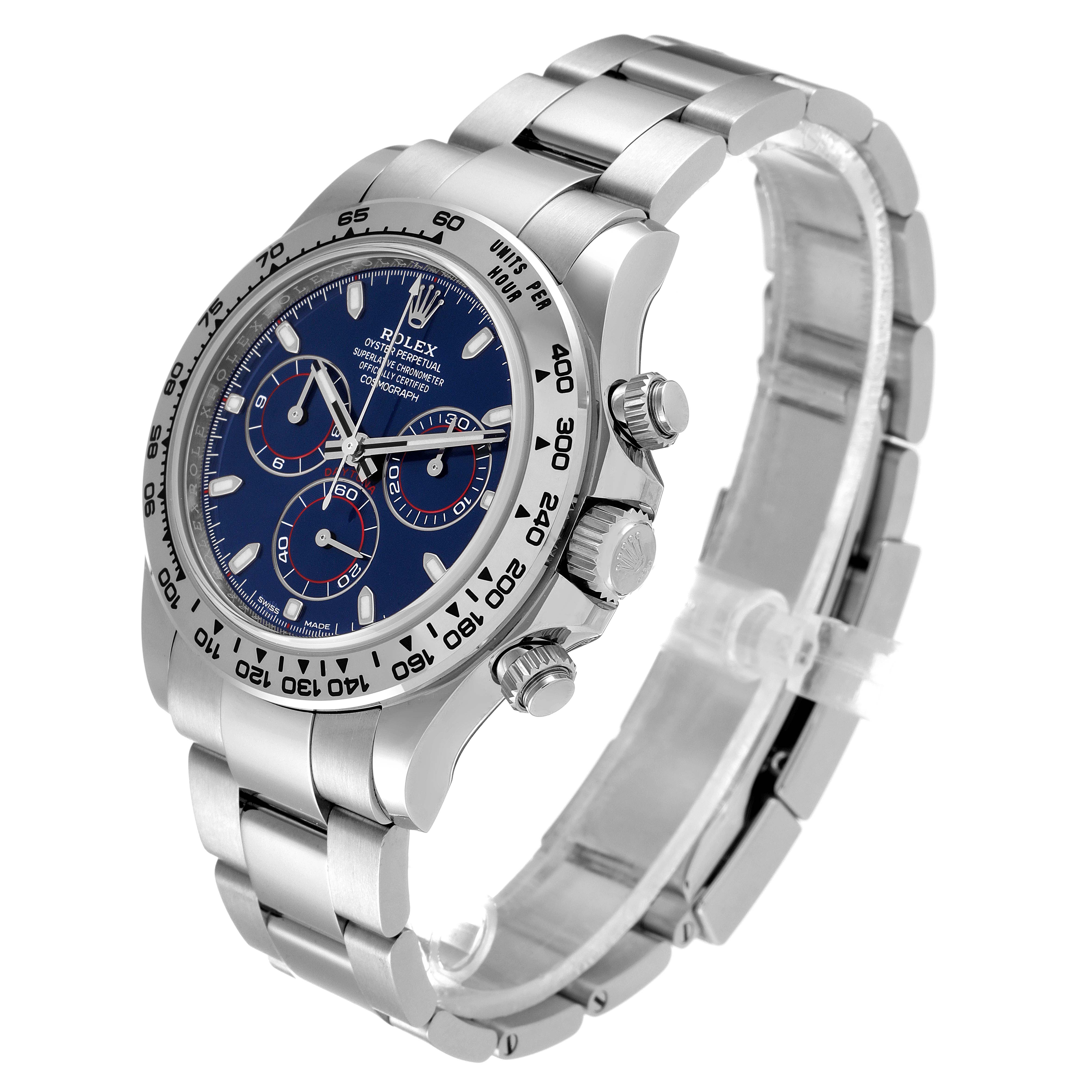 The Rolex Daytona 116509 Men's White Gold Blue Dial 116509 Men's White Gold Blue Dial watch is angled to show its dial, bezel, crown, and bracelet.