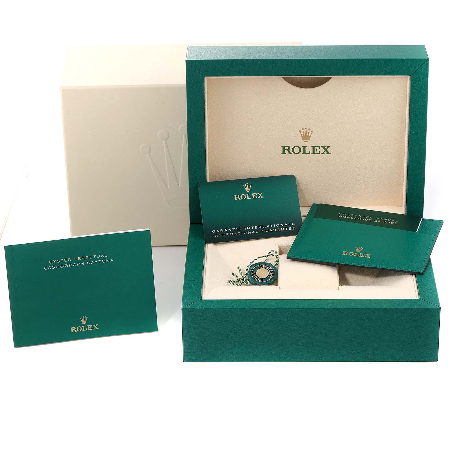 The image shows the packaging, international guarantee cards, and manuals for a Rolex Daytona 116509 Men's White Gold Blue Dial 116509 Men's White Gold Blue Dial watch.