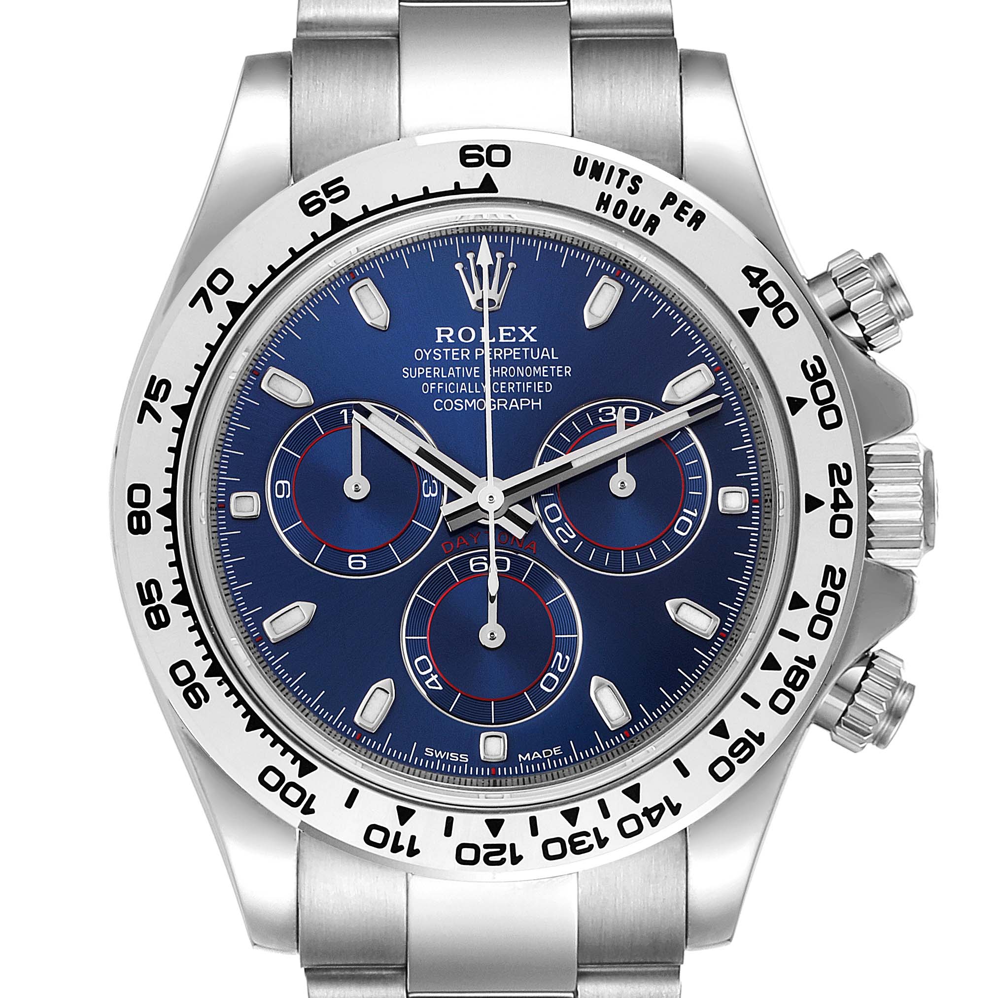 This image shows a front view of the Rolex Daytona 116509 Men's White Gold Blue Dial 116509 Men's White Gold Blue Dial watch, detailing its blue dial, sub-dials, and stainless steel case and bracelet.