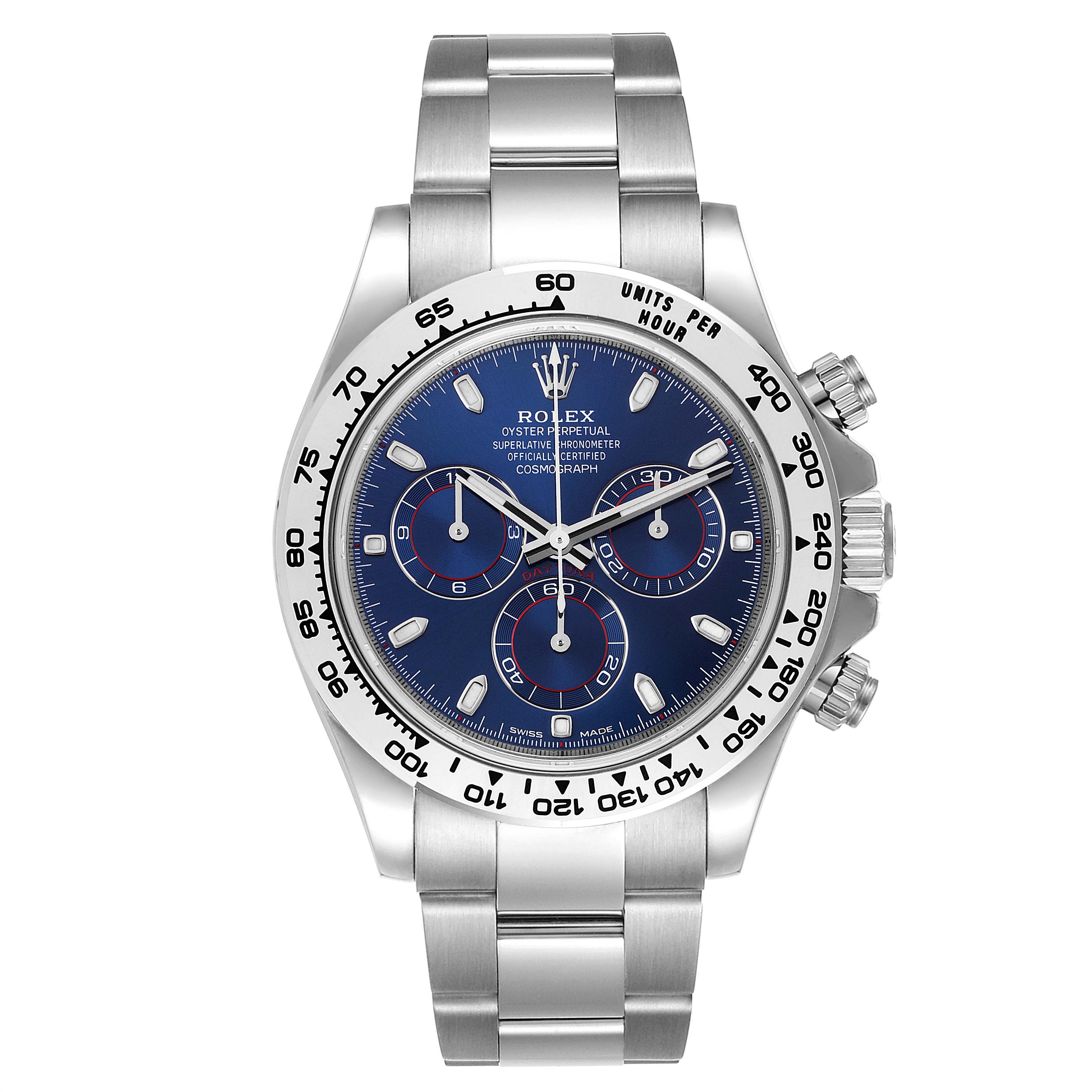 This image displays a front view of a Rolex Daytona 116509 Men's White Gold Blue Dial 116509 Men's White Gold Blue Dial watch, showcasing its stainless steel band, bezel, and blue dial with three subdials.