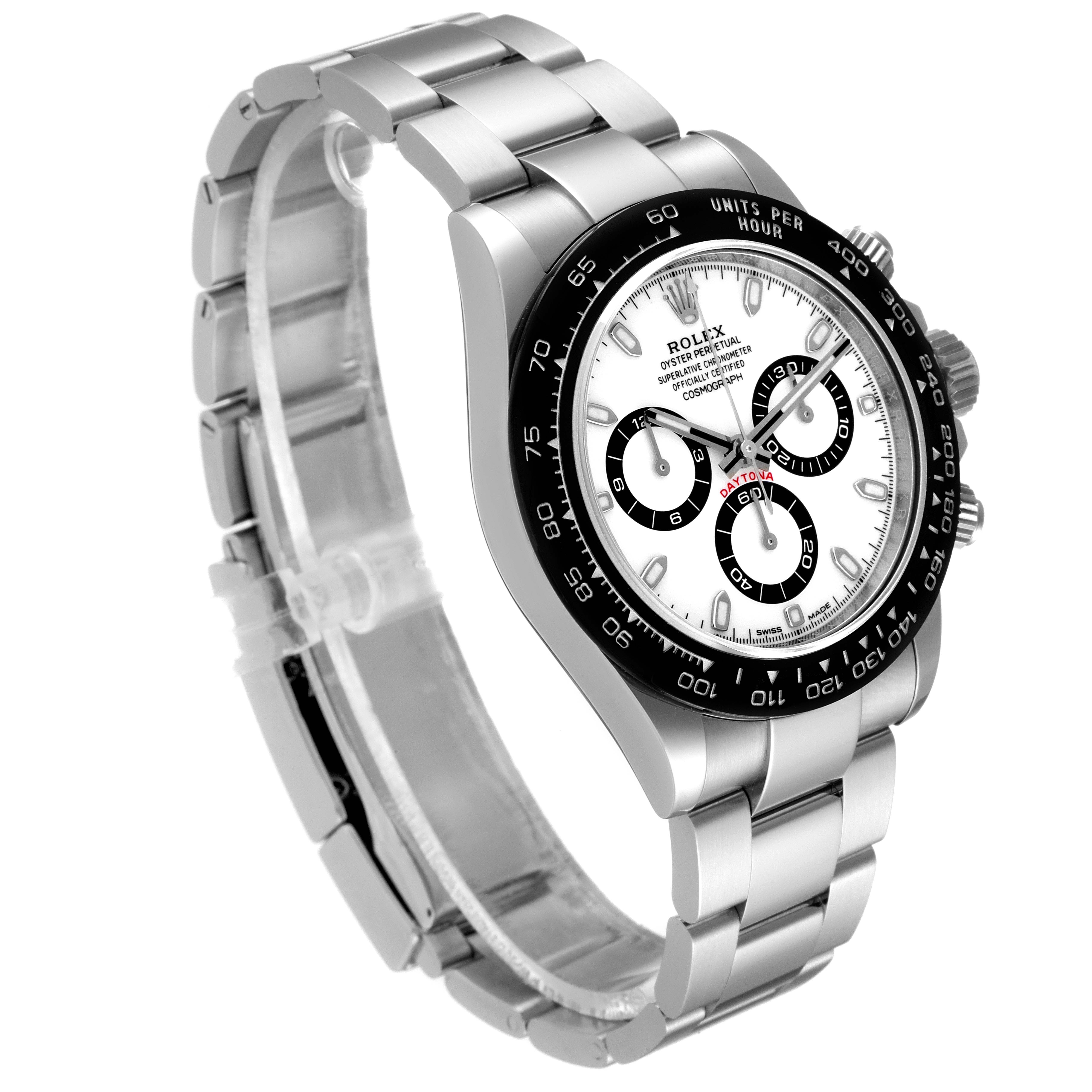 This image shows a side-angle view of a Rolex Daytona 116500 Men's Stainless Steel White Dial 116500 Men's Stainless Steel White Dial watch, highlighting its bezel, dial, and stainless steel bracelet.