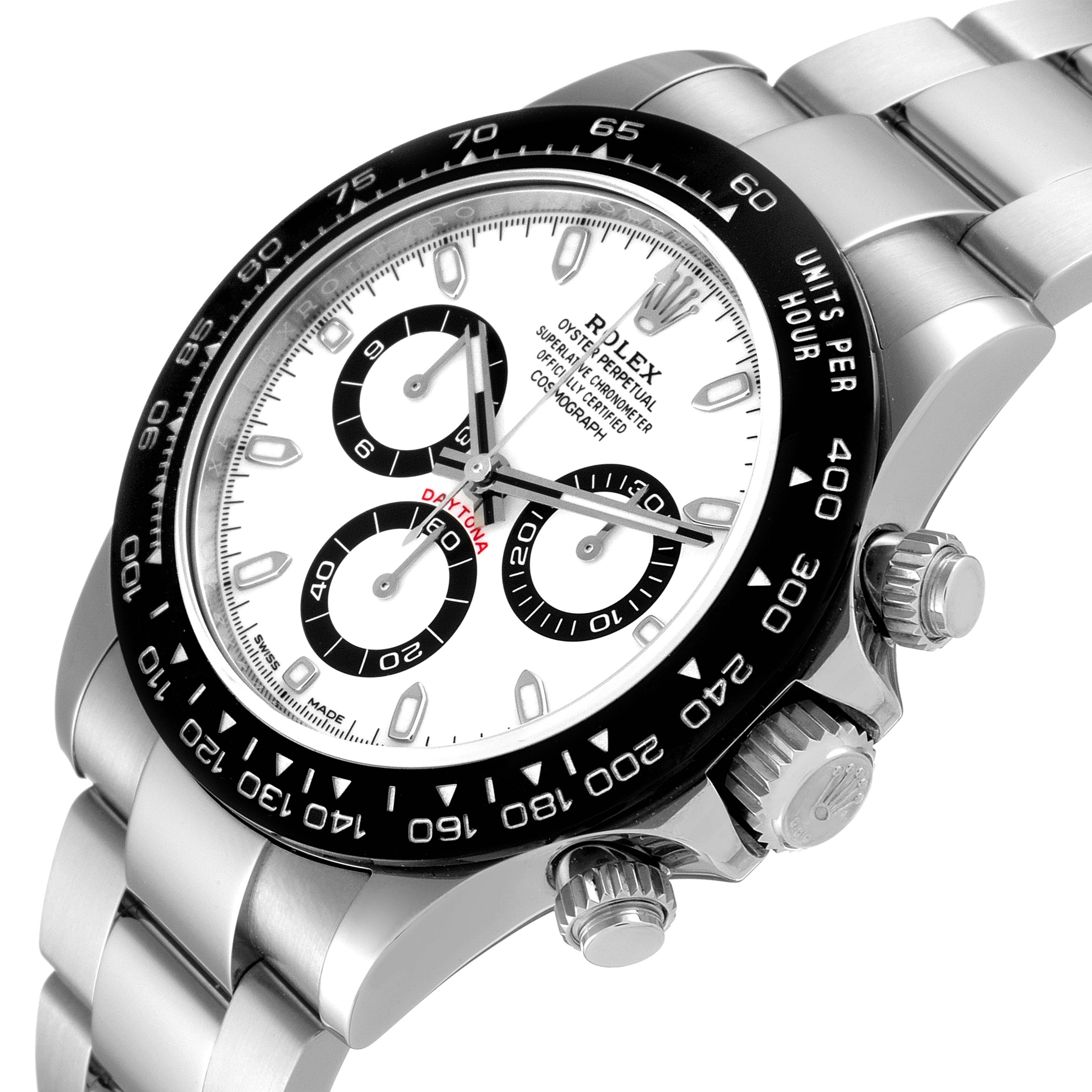 This image shows a close-up angle of a Rolex Daytona 116500 Men's Stainless Steel White Dial 116500 Men's Stainless Steel White Dial watch, highlighting the dial, bezel, and part of the bracelet and crown.