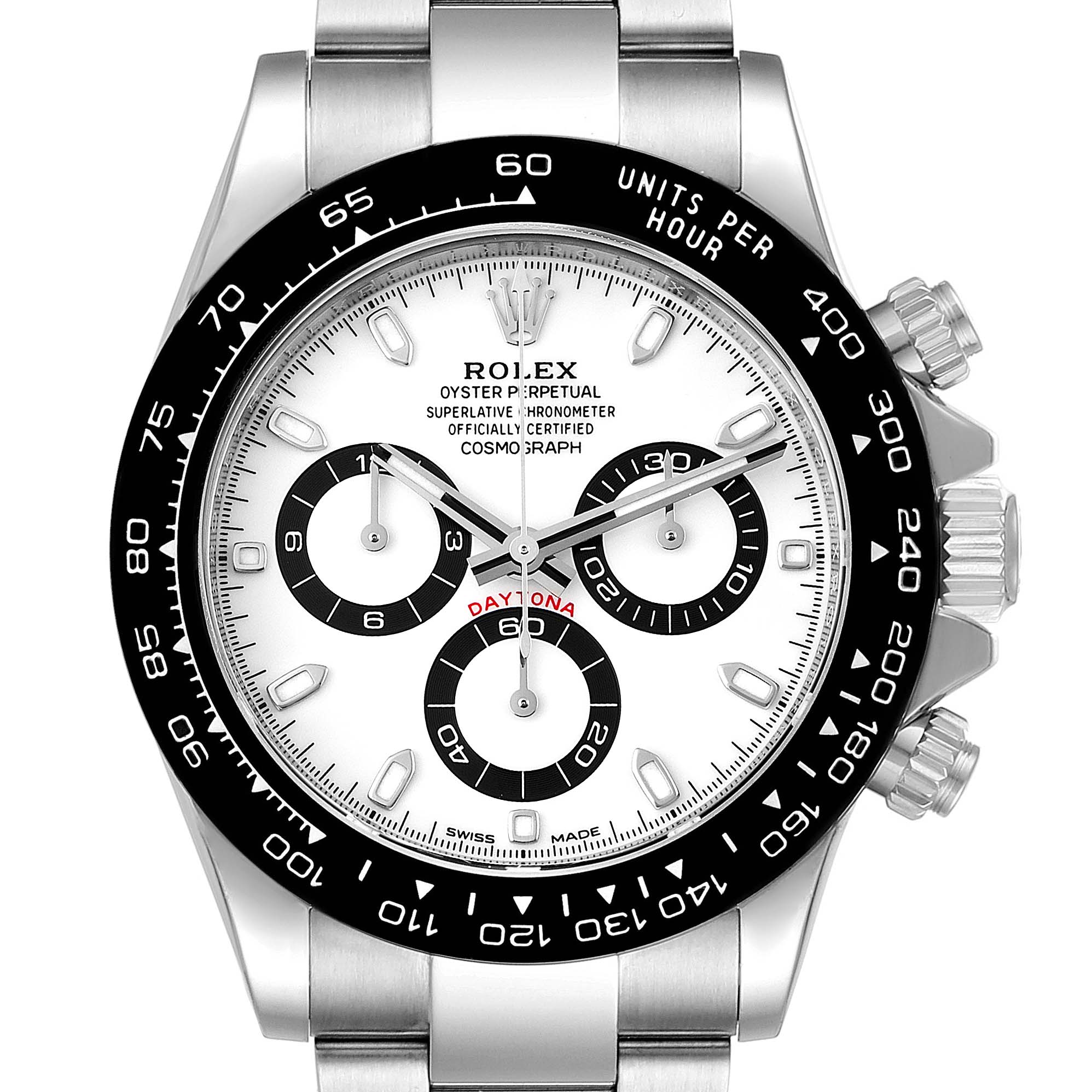 The Rolex Daytona 116500 Men's Stainless Steel White Dial 116500 Men's Stainless Steel White Dial watch is shown from a front, close-up angle, highlighting its dial, bezel, and chronograph buttons.