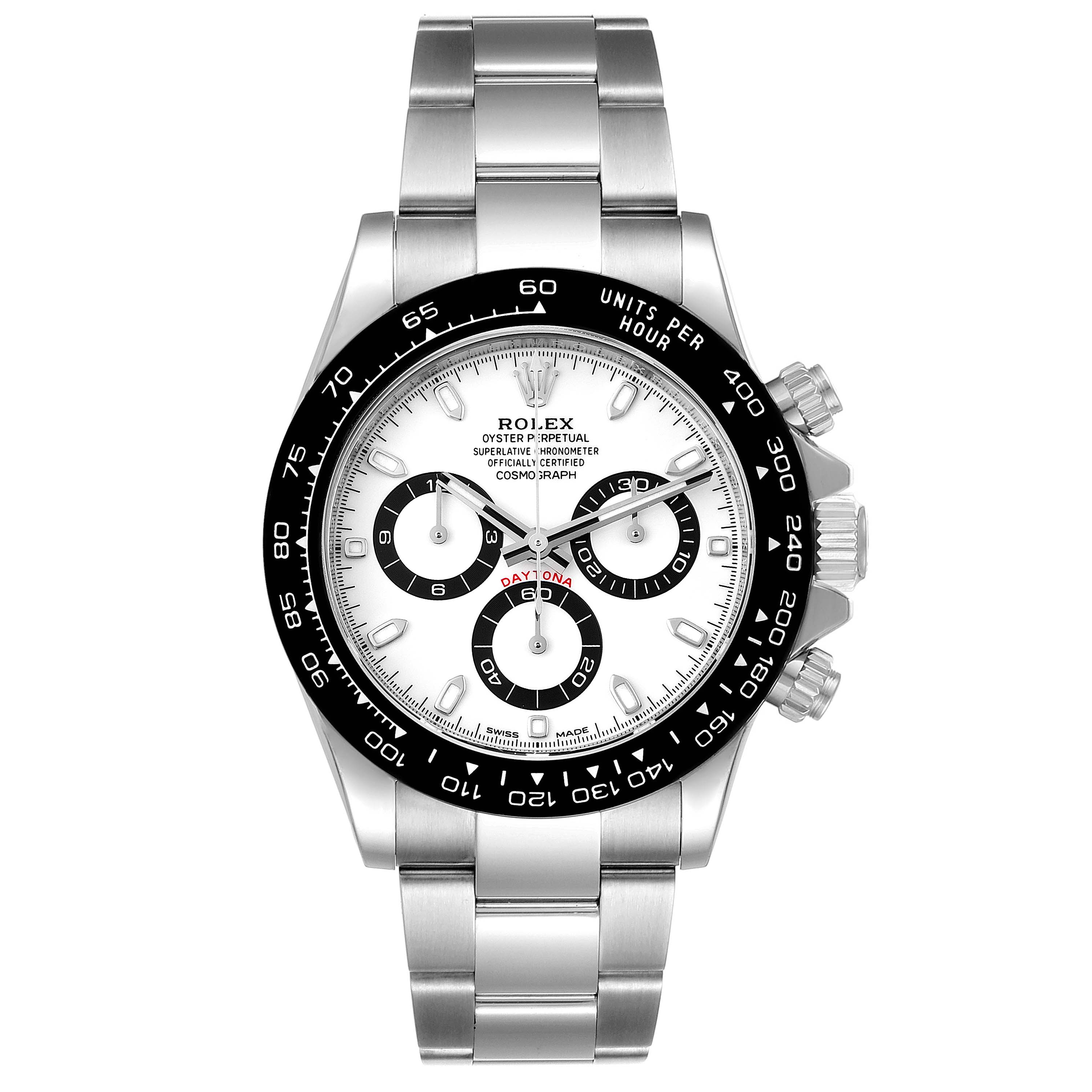 The image shows a Rolex Daytona 116500 Men's Stainless Steel White Dial 116500 Men's Stainless Steel White Dial watch from a front view, highlighting the bezel, dial, and bracelet.