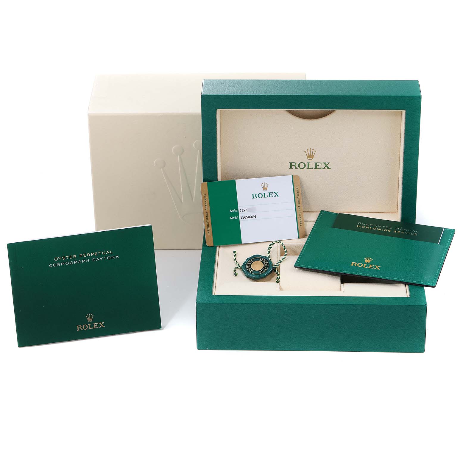 The image shows the packaging and accessories for a Rolex Daytona 116500 Men's Stainless Steel White Dial 116500 Men's Stainless Steel White Dial model, including the box, card, and booklets.