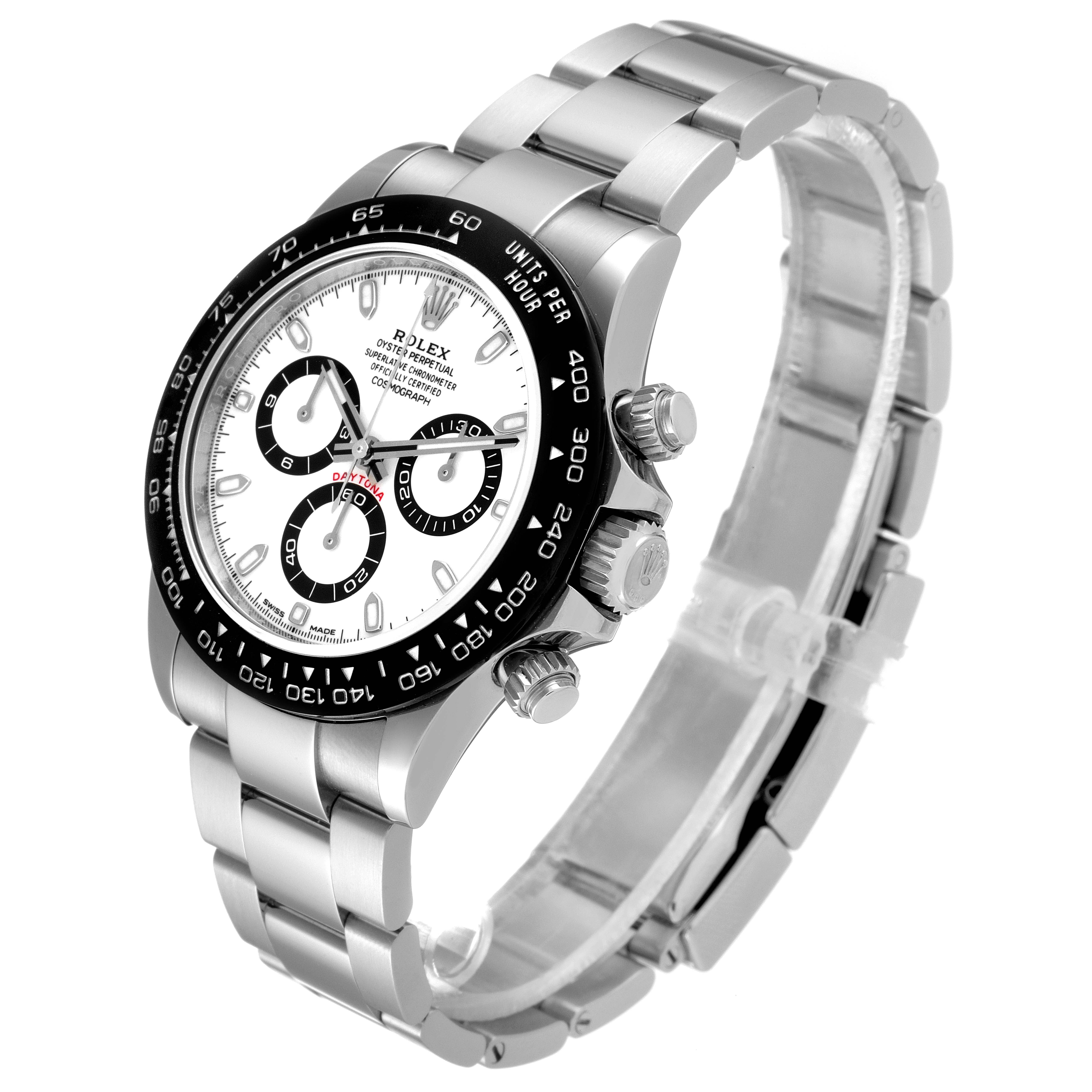 This image shows a Rolex Daytona 116500 Men's Stainless Steel White Dial 116500 Men's Stainless Steel White Dial watch at a slight angle, displaying its dial, bezel, crown, and bracelet.