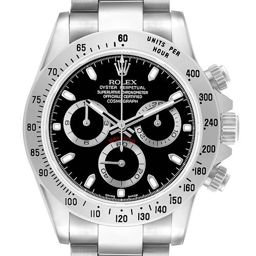 The Rolex Daytona 116520 Men's Stainless Steel Black Dial watch is shown from a front angle, displaying the dial, bezel, and pushers clearly.