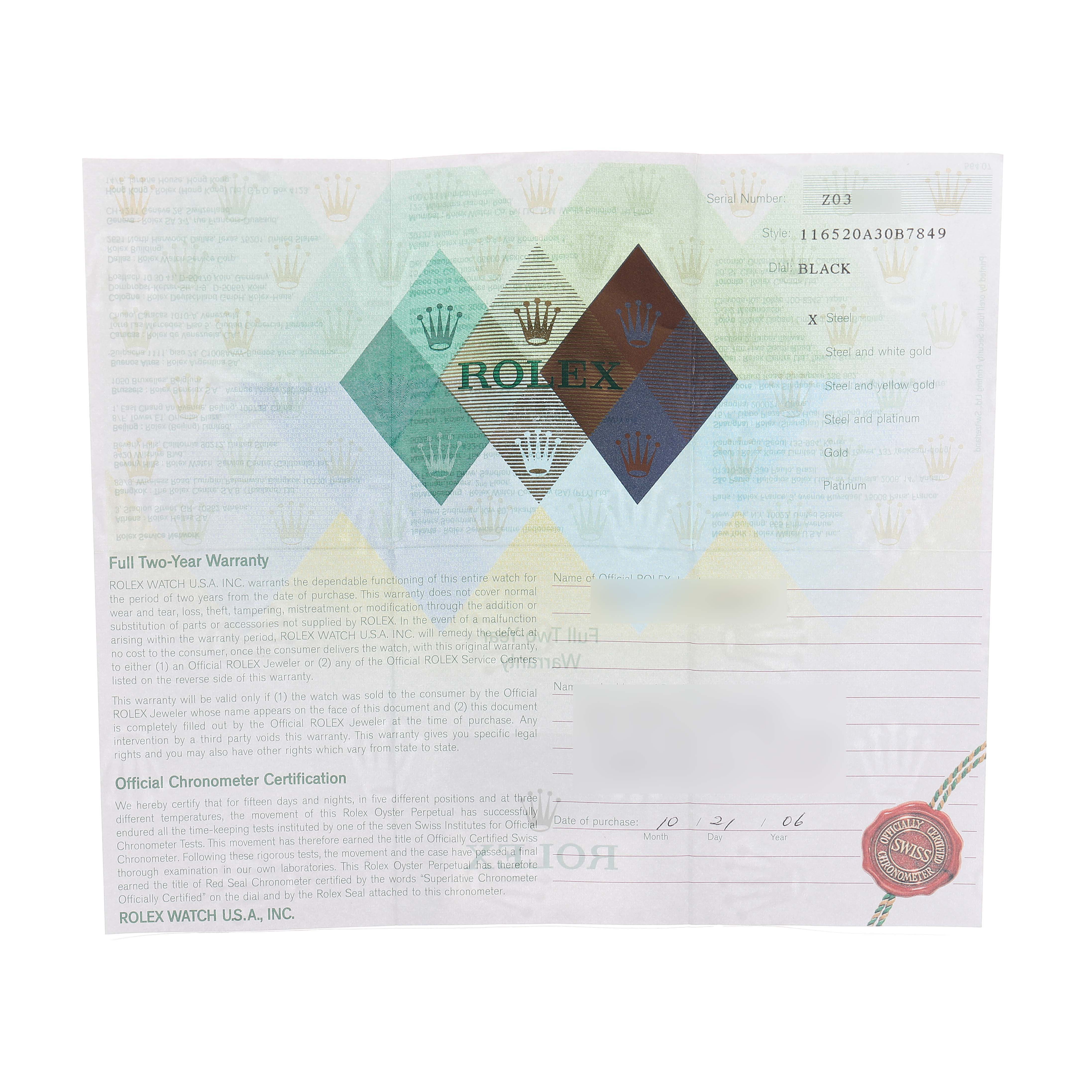 The image shows a Rolex Daytona 116520 Men's Stainless Steel Black Dial warranty card with text detailing the warranty and serial number.